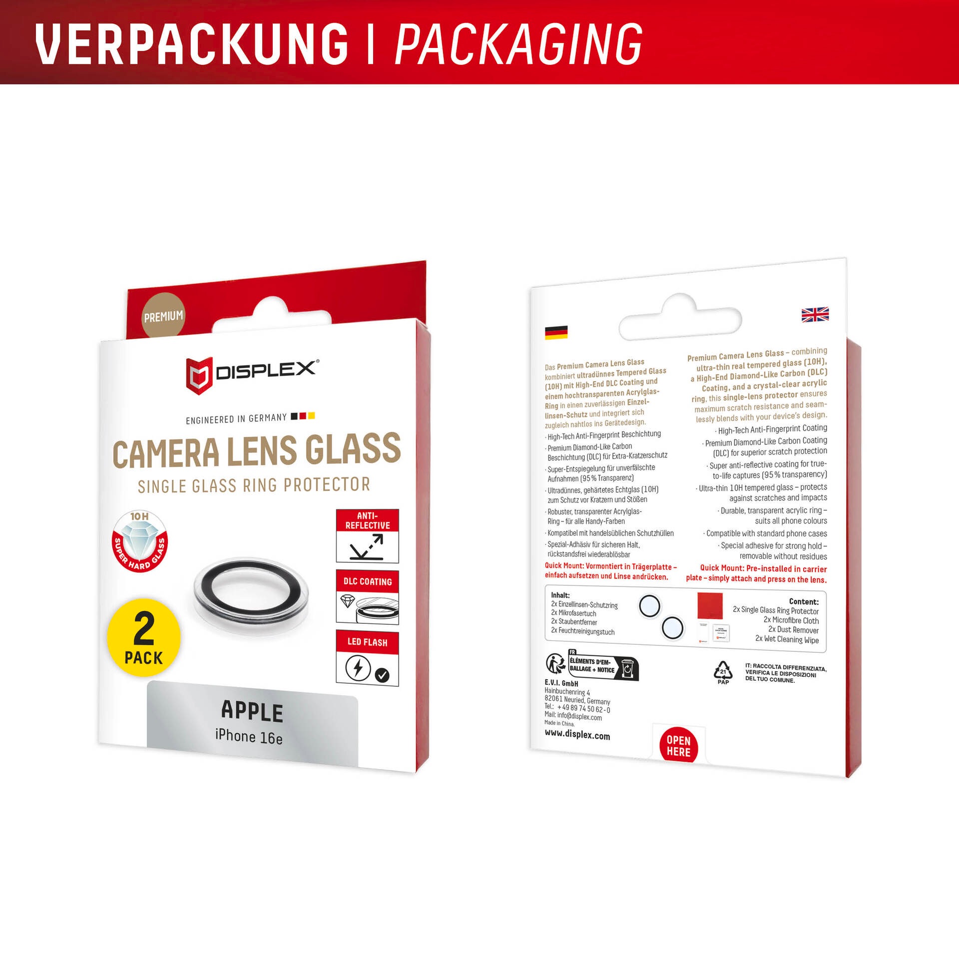 Displex Kameraschutzglas »Camera Lens Glass Single Glass Ring Protector«, für Apple iPhone 16e, (Packung, 2x Einzellinsen-Schutzringe), Objektivschutz, Kameraschutz, kratz- & stossfest