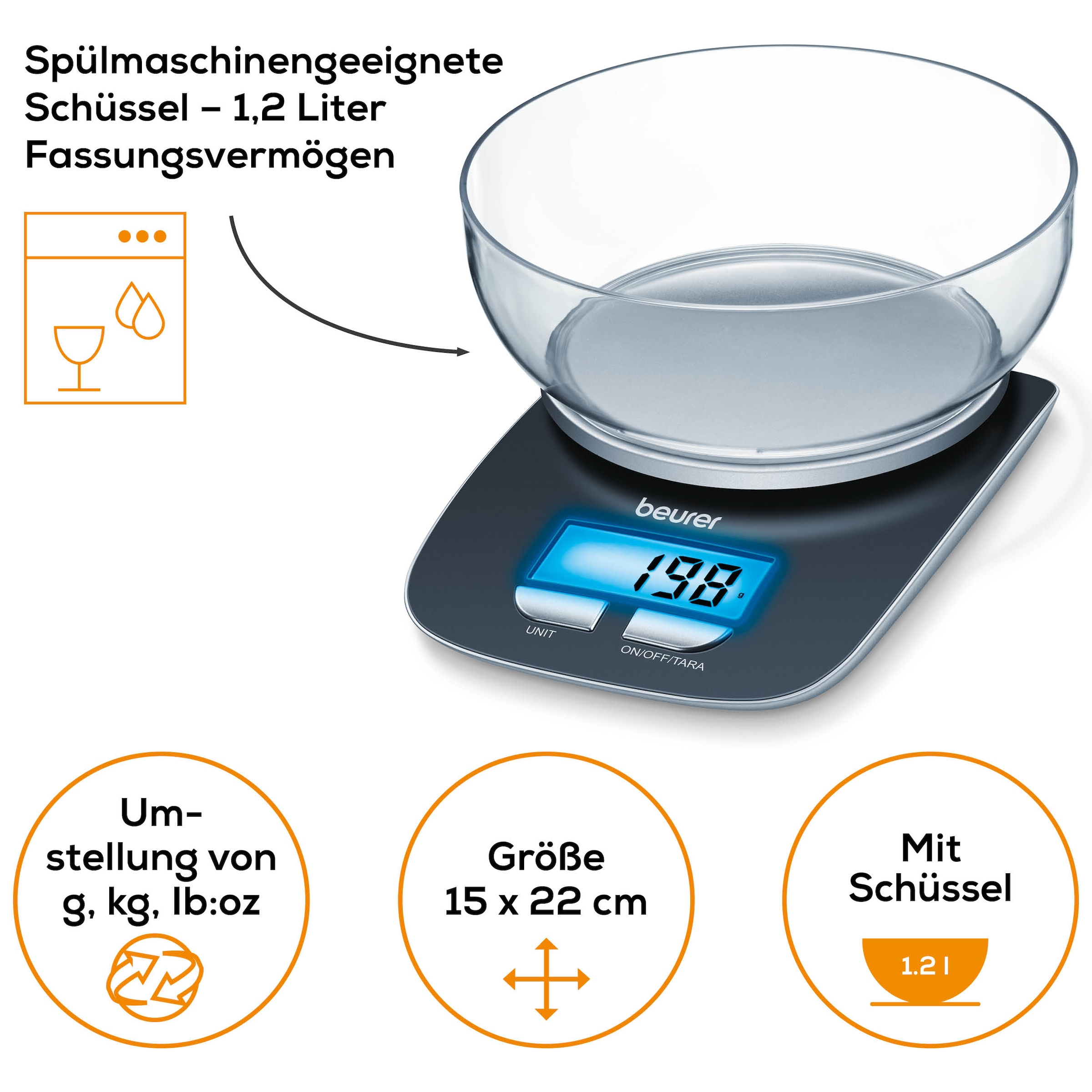 BEURER Küchenwaage »KS 25 Haushaltswaage, mit praktischer Schüssel, Tara-Zuwiegefunktion«, Koch- und Backwaage mit 3 kg Tragkraft und Schüssel mit 1,2l