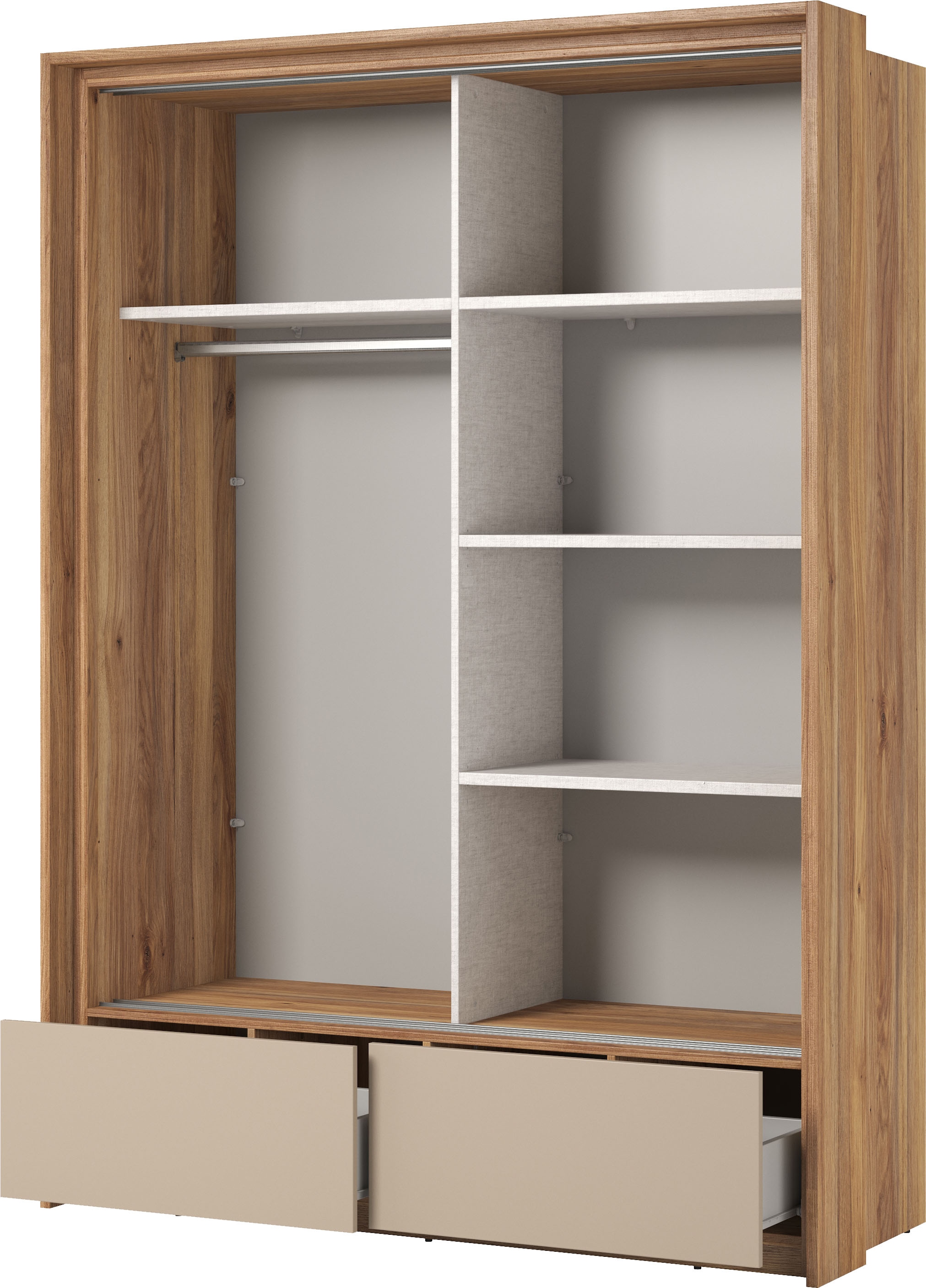 Home affaire Schwebetürenschrank »Wharton, Breite 159 oder 209 cm, Kleiderschrank incl. Innenausstattung«, Wäscheschrank, 2 Schubkästen, 2 Spiegel, Metallgriffe, Garderobe
