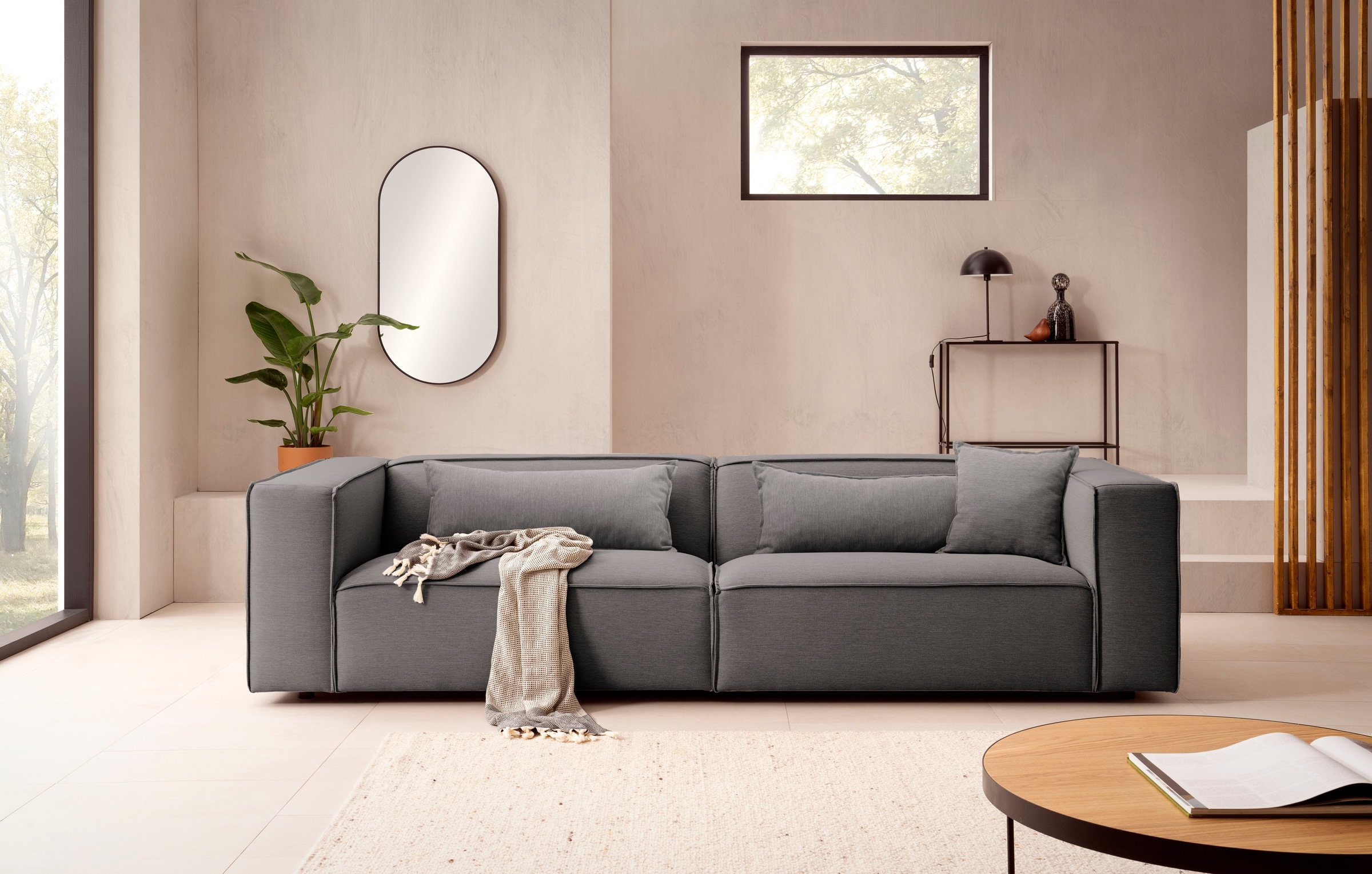 LeGer Home by Lena Gercke 3-Sitzer »PIARA, Couch mit Kedernaht, Sofa in Cord oder Leinenoptik«, schwarze Füsse, bequemer Sitzkomfort