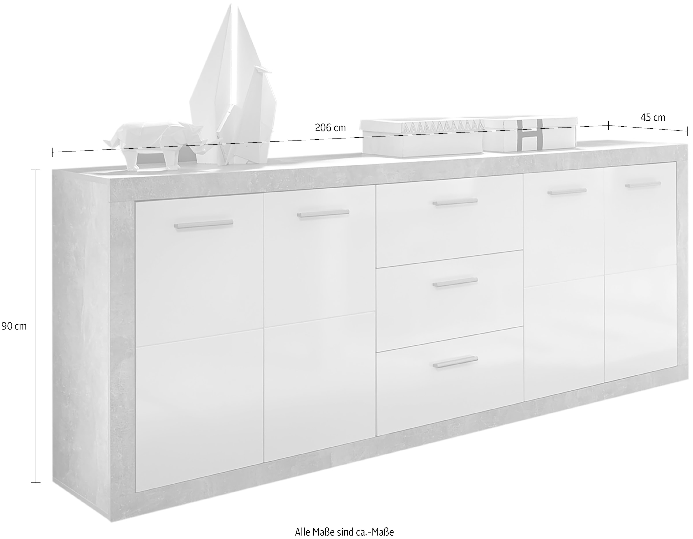 HBZ Sideboard »Stone weiss Hochglanz, Wohnzimmerschrank BxHxT 206x90x45 cm«, (1 St.), Mit 4 Türen, 3 geräumigen Schubkästen, 2 Einlegeböden verstellbar