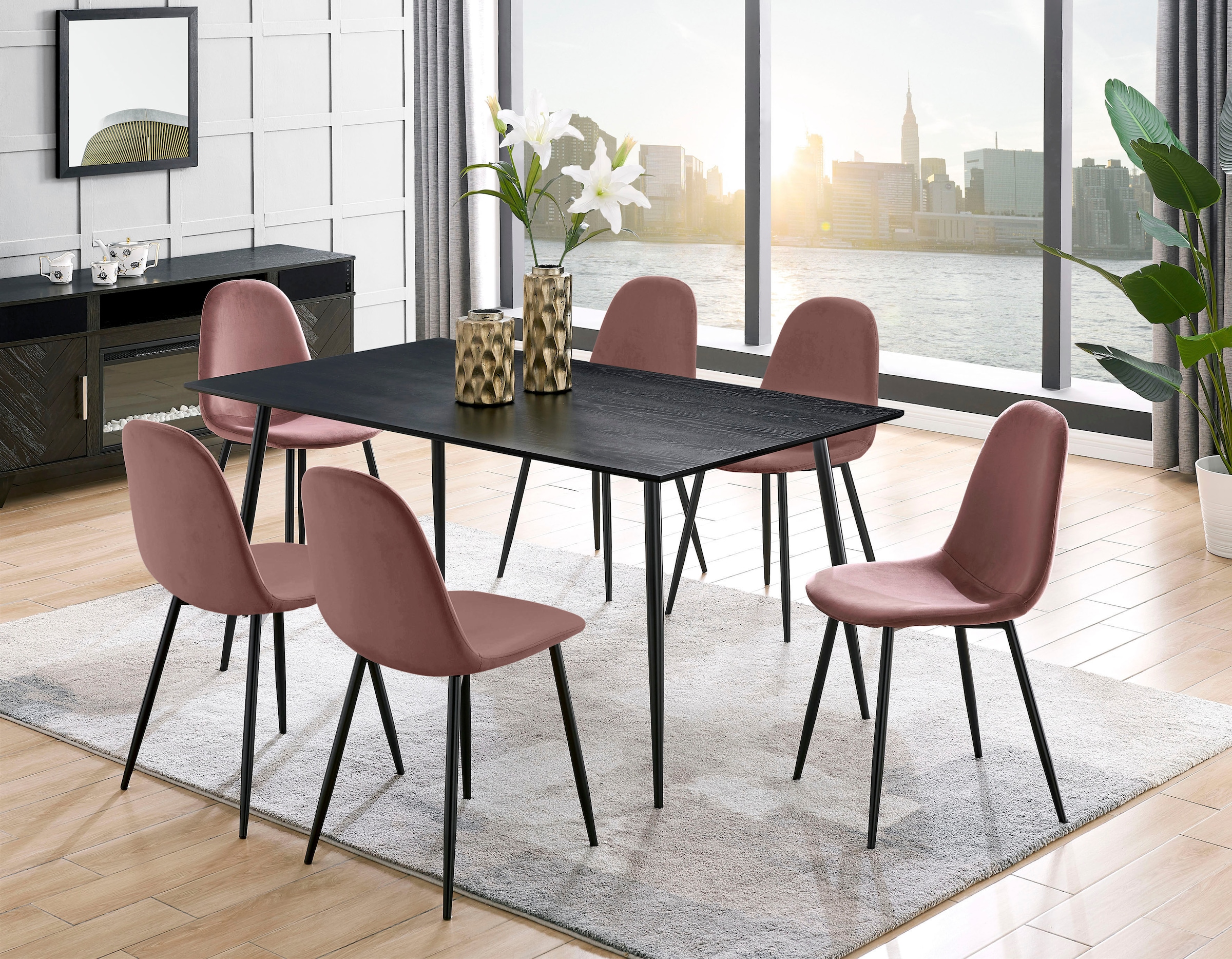 Leonique Essgruppe »Eadwine, TOPSELLER! Tisch plus 4 Stühle, Sitzgruppe«, (Set, 5 tlg., Esstisch plus 4 Esszimmerstühle), bestehend aus Esstisch 160 cm und 4 Esszimmerstühlen, Polsterstühlen