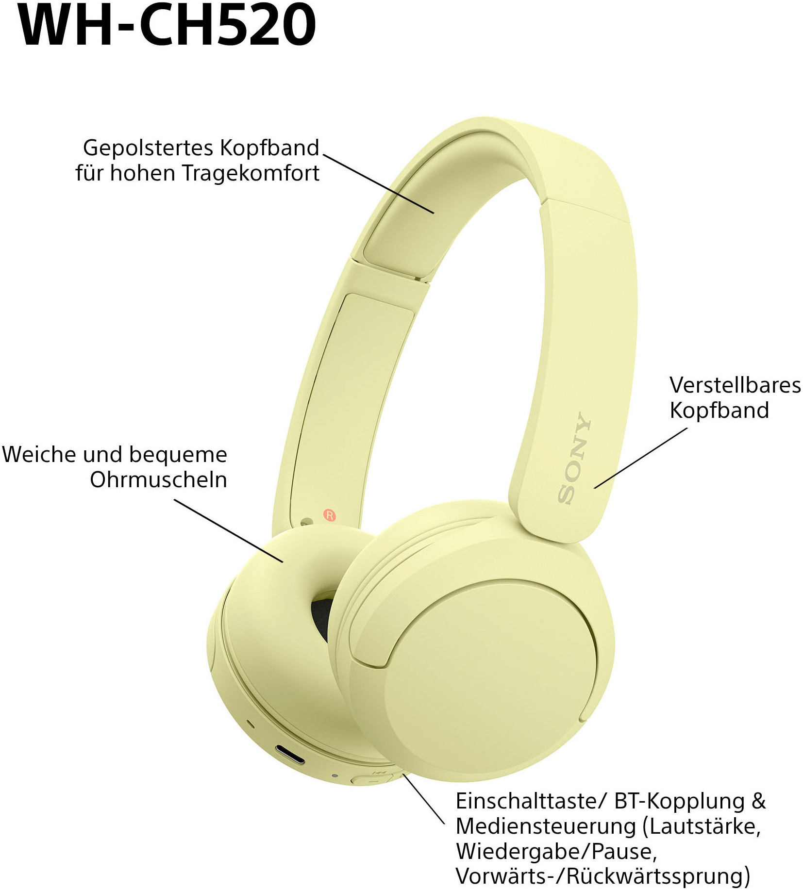 Sony Bluetooth-Kopfhörer »WHCH520«, Bluetooth, Freisprechfunktion-Rauschunterdrückung-Sprachsteuerung-kompatibel mit Siri, 200 Std. Max. Akkulaufzeit (Standby)