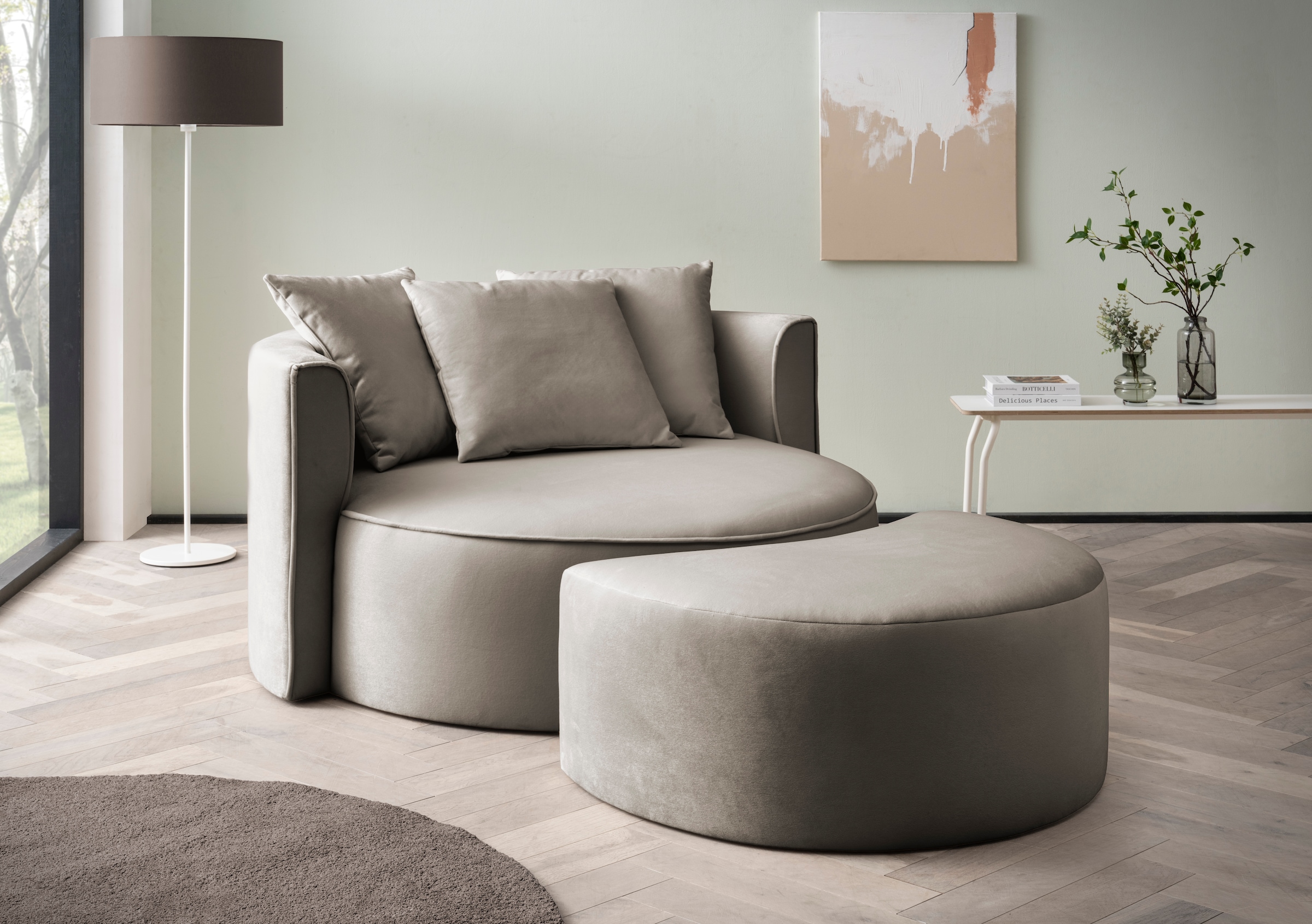 LeGer Home by Lena Gercke XXL-Sessel »Isalie, Rundsessel mit Hocker, Lesesessel, Loveseat, Big-Sessel«, (Set), trendige Stoffe, mit 3 Zierkissen, grosse Sitzfläche