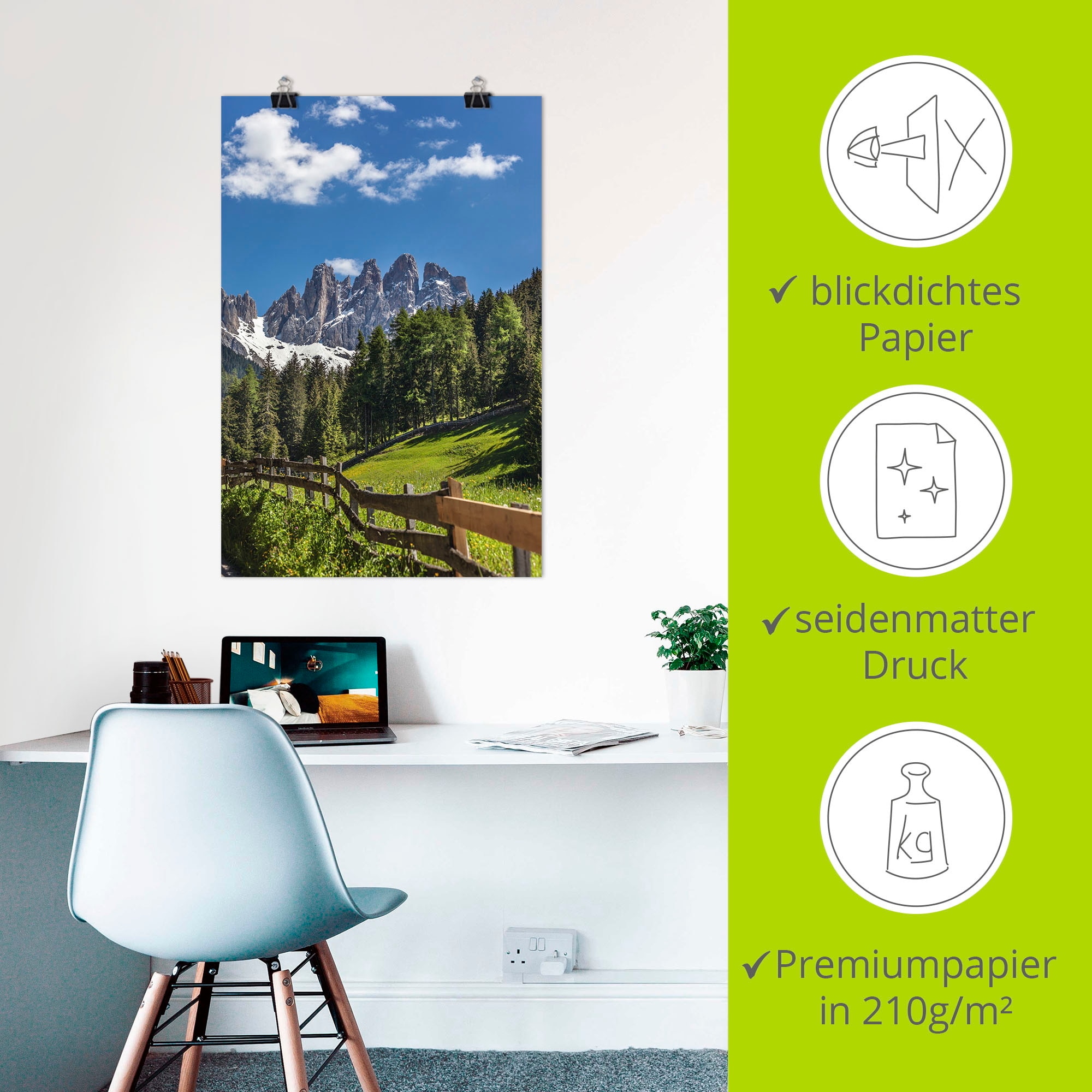 Artland Wandbild »Villnösstal mit Dolomiten, Südtirol«, Berge & Alpenbilder, (1 St.), als Leinwandbild, Poster in verschied. Grössen