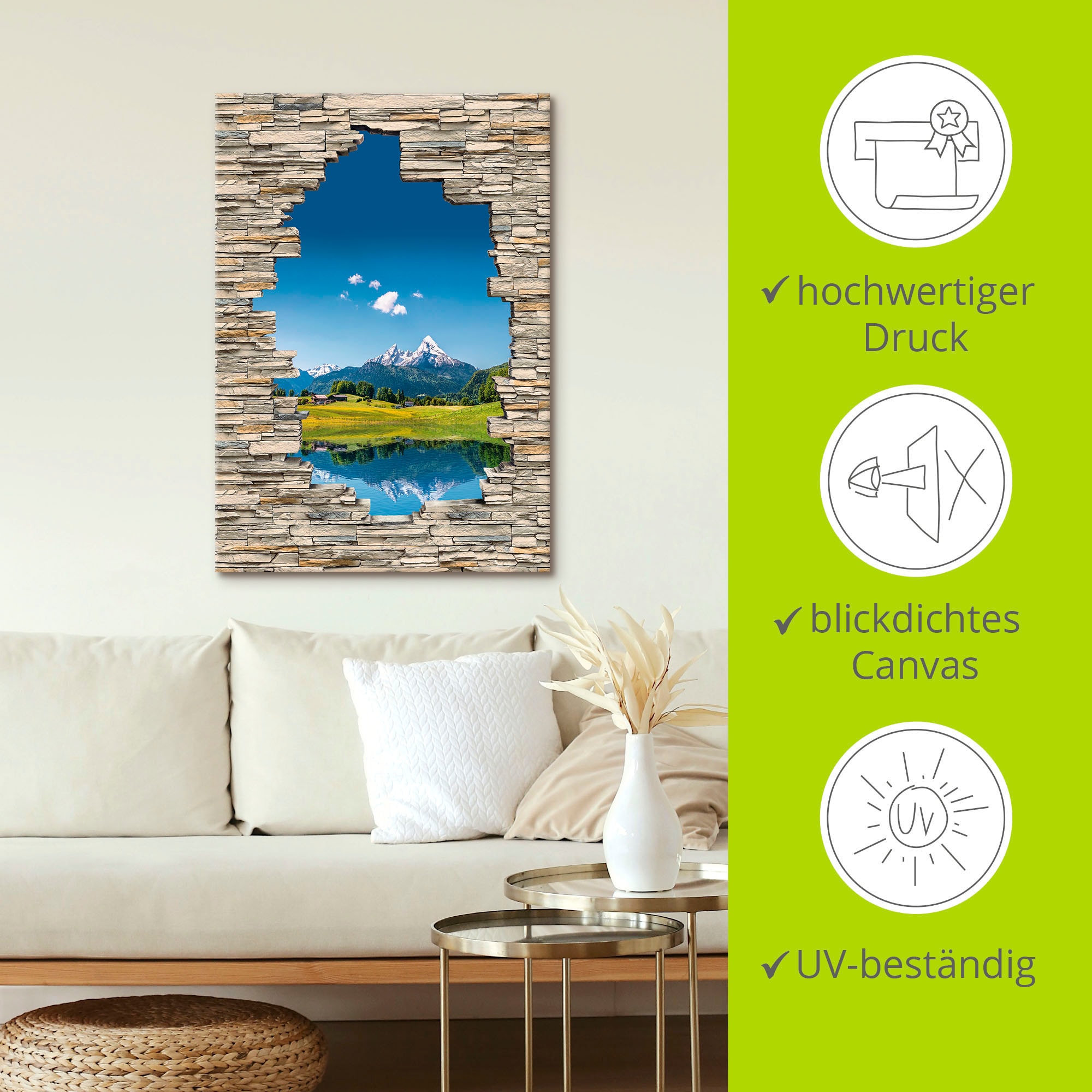 Artland Wandbild »Landschaft in den Alpen Blick Steinmauer«, Berge & Alpenbilder, (1 St.), als Leinwandbild in verschied. Grössen