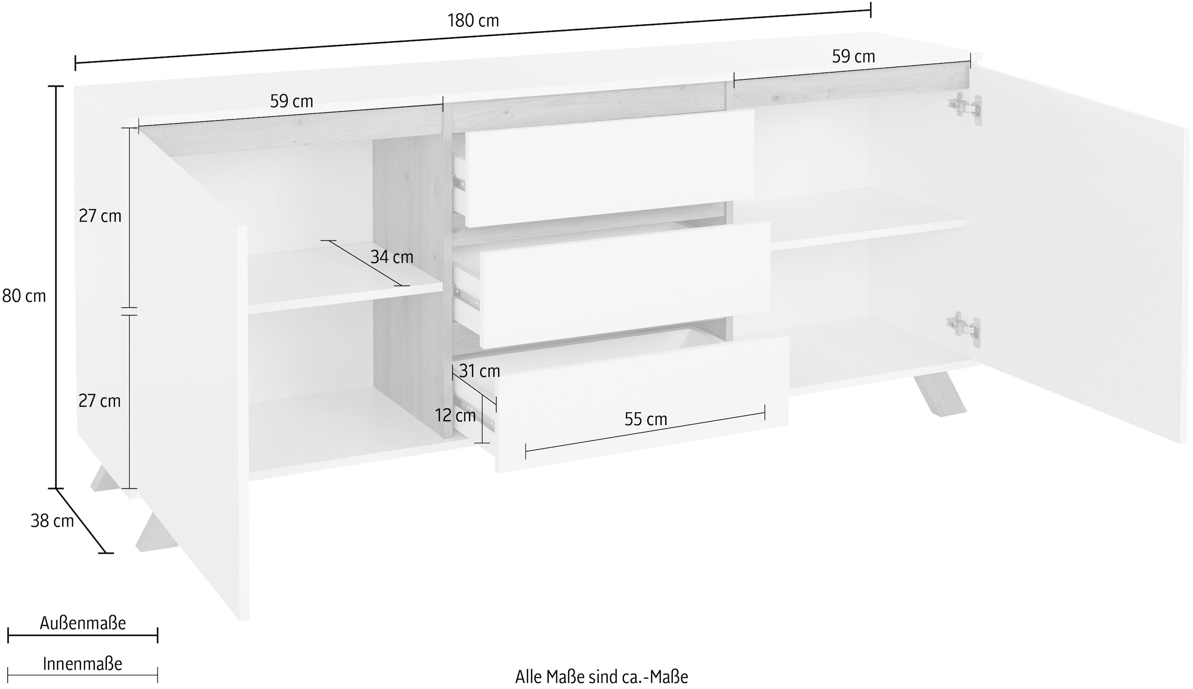 Homexperts Sideboard »Vicky«, Breite 160 cm oder 180 cm, in matt weiss