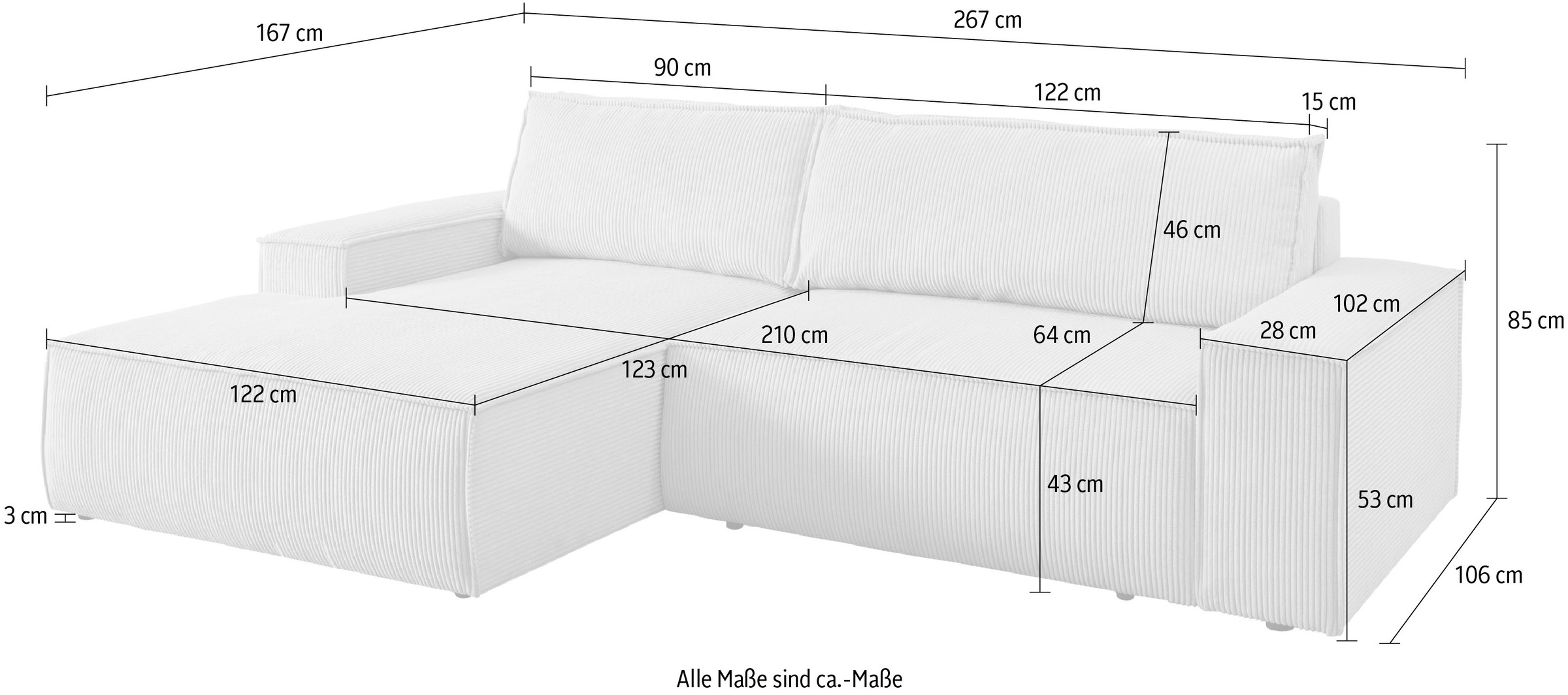 Home affaire Ecksofa SHERWOOD Schlafsofa 267 cm, L-Form, Schlaffunktion mit Bettkasten (210x136 cm), Cord, Vintage, Samtvelours