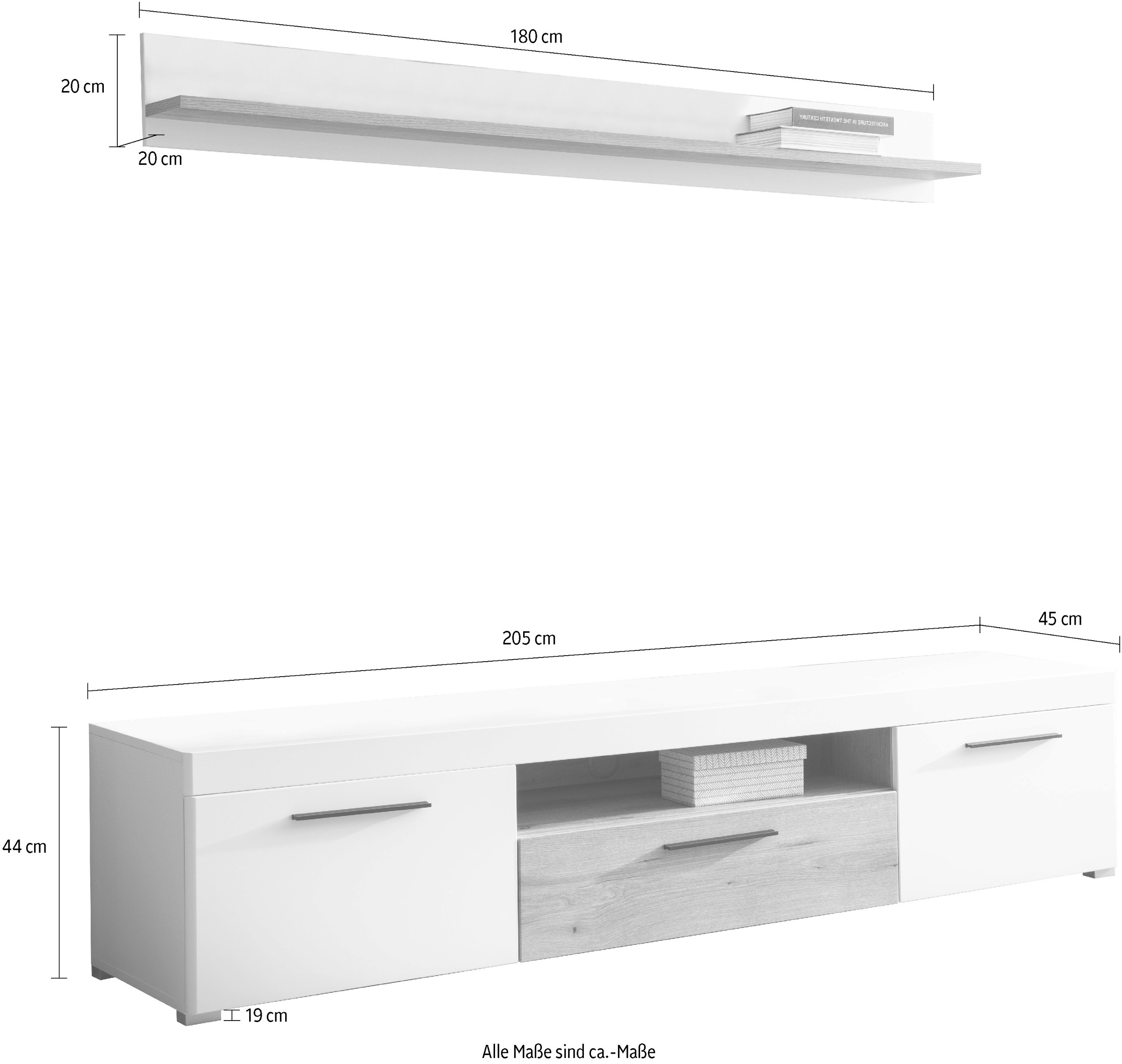 INOSIGN Wohnwand »Salerno, moderne Anbauwand, Wohnzimmer-Set, Weiss mit Eiche Evoke Dekor«, (Set, 2 St.), enthält Lowboard + Wandboard, Metallgriffe, 205 cm breit
