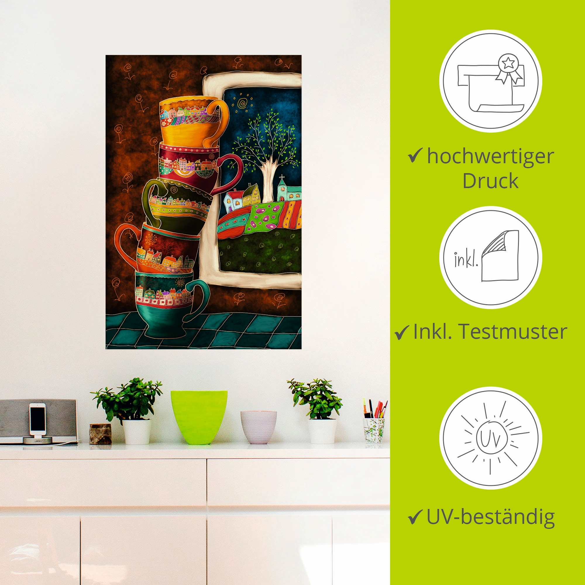 Artland Wandbild »Fröhliche Kaffeetassen«, Getränke, (1 St.), als Alubild, Outdoorbild, Leinwandbild, Poster, Wandaufkleber