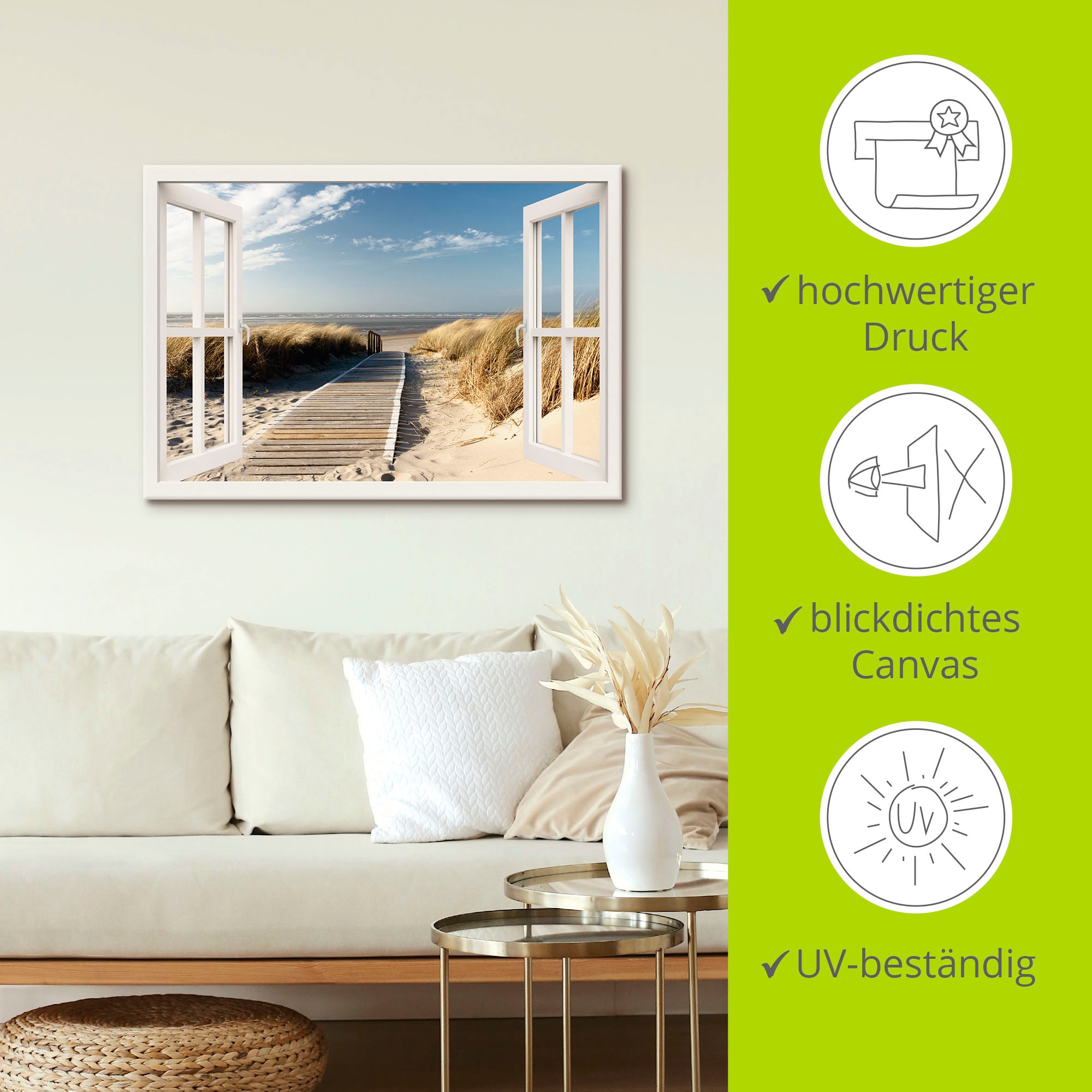 Artland Wandbild »Fensterblick Nordseestrand auf Langeoog«, Fensterblick, (1 St.), als Leinwandbild, Poster, Wandaufkleber in verschied. Grössen