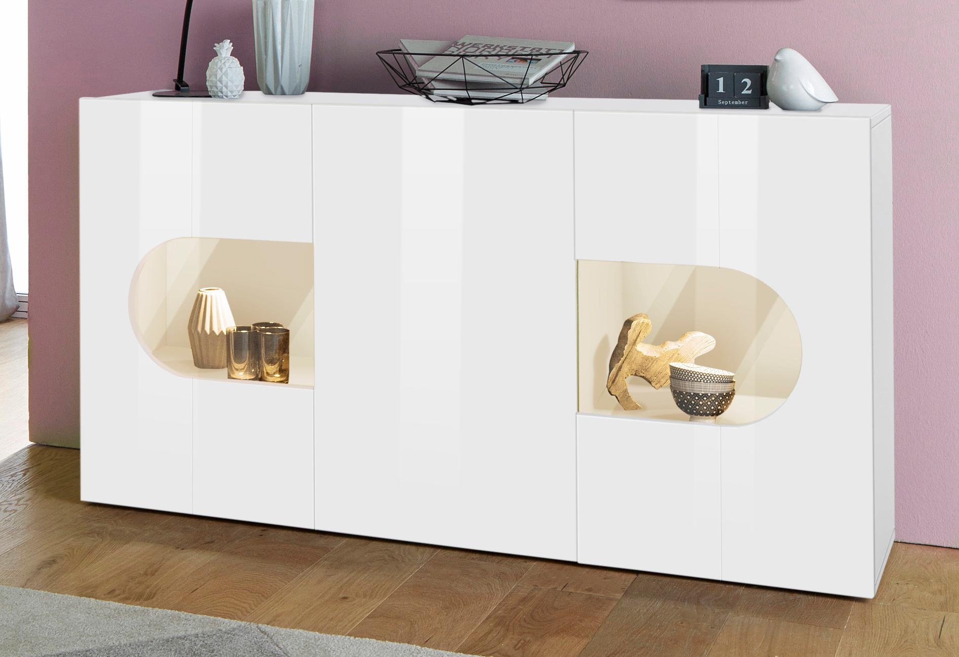 INOSIGN Sideboard »Real,Vitrine,Kommode,Schrank,Breite 150cm komplett hochglanz lackiert«, mit 3 Türen davon 2 Glastüren ohne Griff