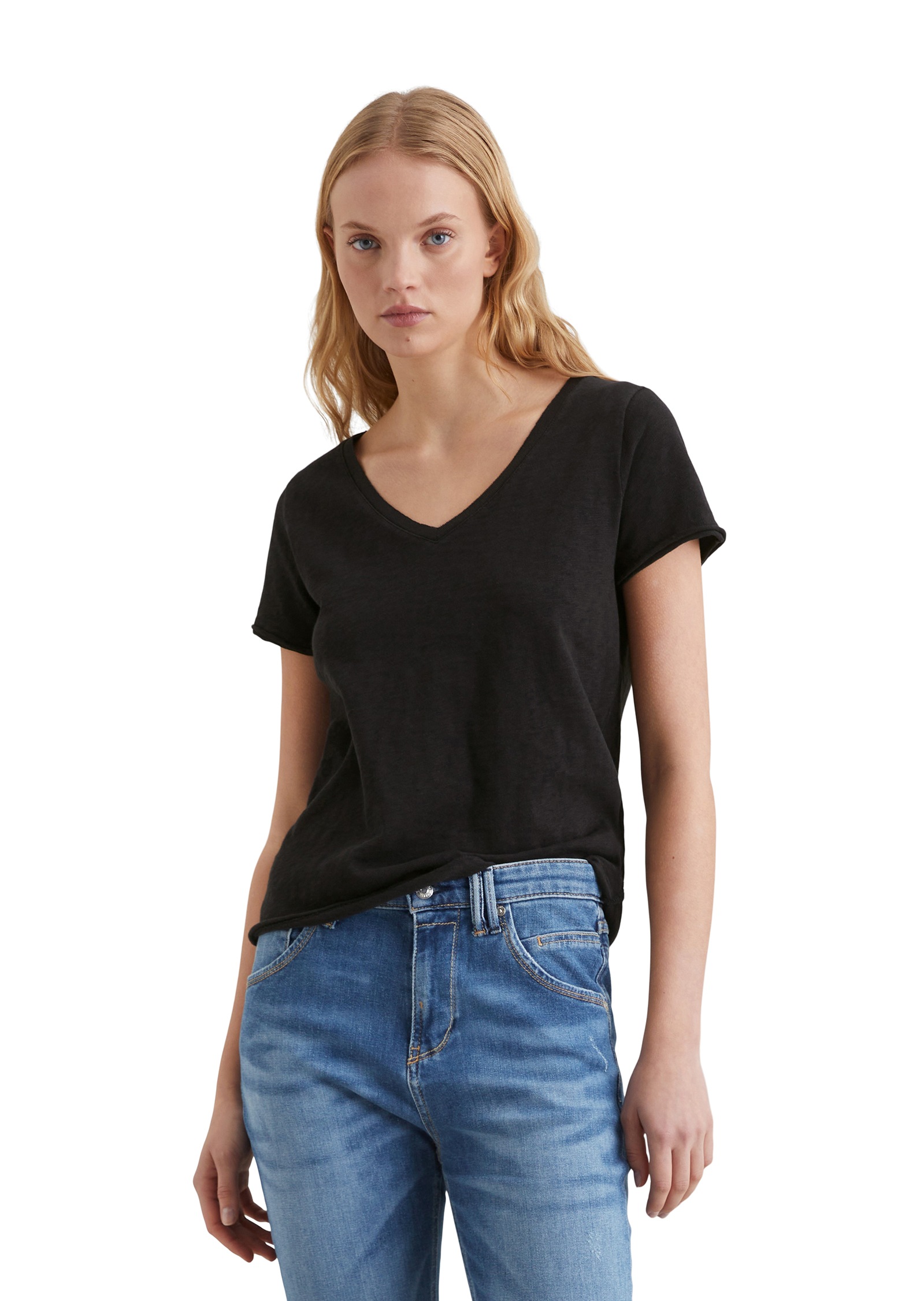Marc O'Polo DENIM T-Shirt mit abgerundetem V-Neck