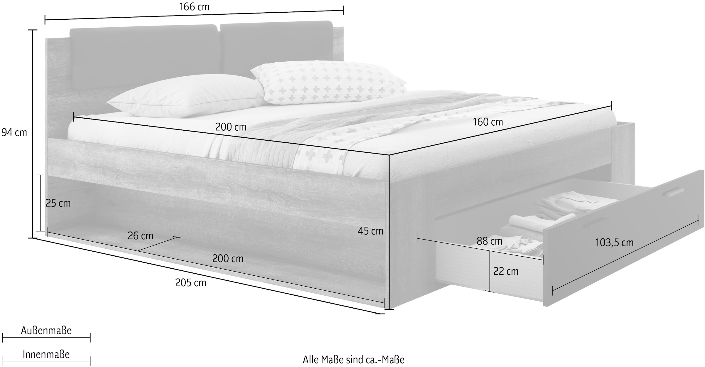 INOSIGN Stauraumbett »Galaxy Doppelbett mit komfortablen, gepolsterten Kopfteilen«, mit 1 Bettschublade am Fussende und offenen, seitlichen Fächern