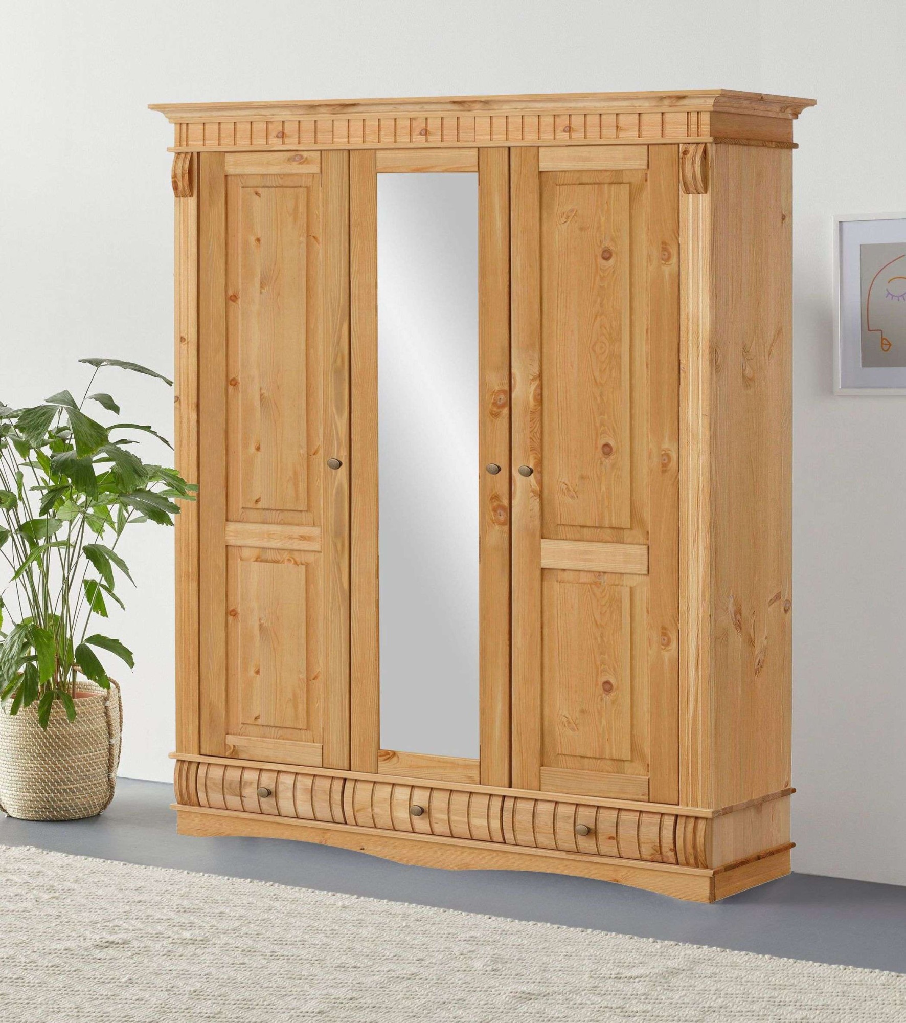 GOODproduct Kleiderschrank »Teresa« 3 Türen, aus massiver Kiefer, Breite 152 cm, mit Spiegel, FSC®
