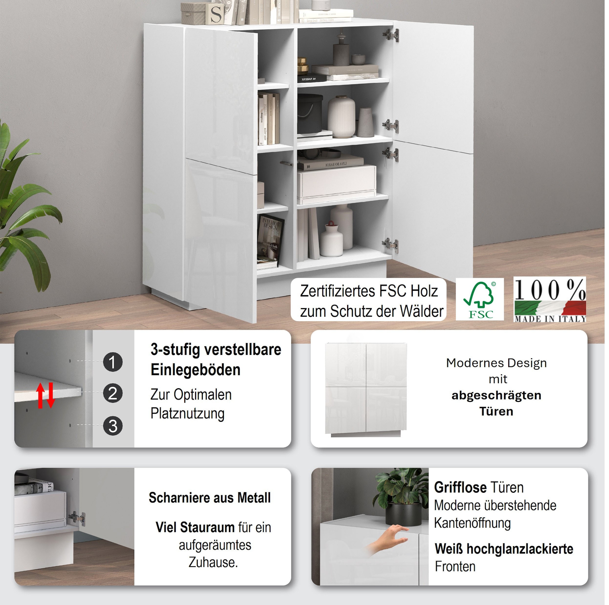 INOSIGN Highboard »VELA, Highboard, Höhe 120 cm,Design mit schrägen Türen«, (1 St.), Made in Italy, Masse-B/T/H: 100x35x120,hohes Sideboard,Anrichte,Kommode