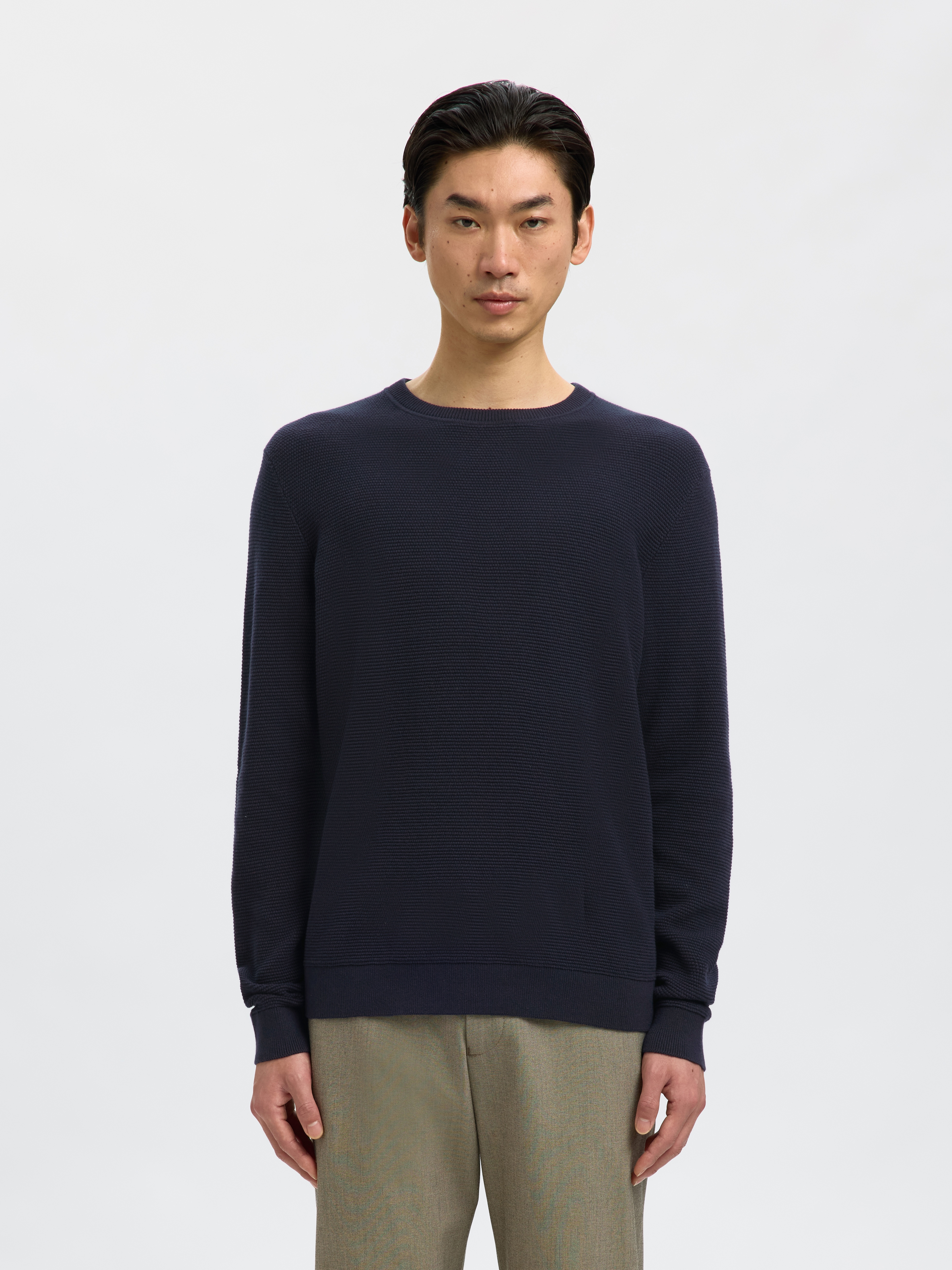SELECTED Rundhalspullover "SLHROSS LS KNIT STRUCTURE CREW NECK NOOS" Baumwolle, regular fit