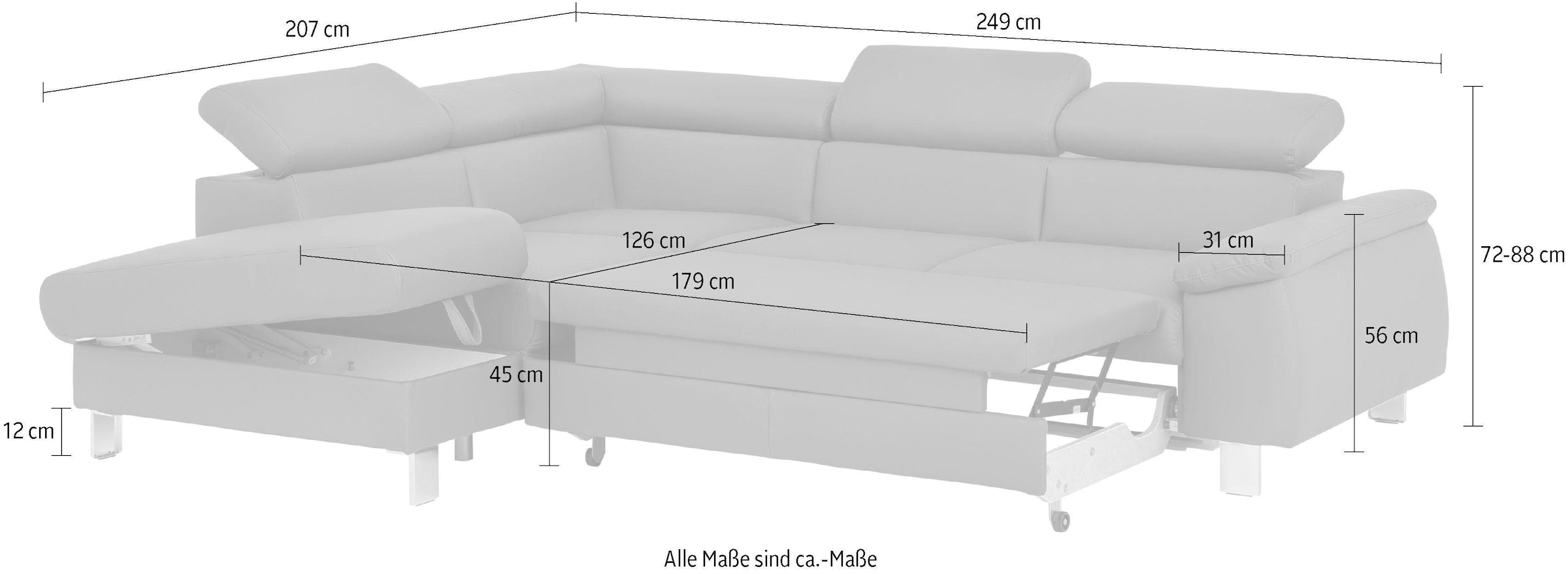 COTTA Ecksofa »Komaris L-Form, B: 249 cm«, mit Kopfteilverstellung, optional Bettfunktion, Bettkasten & Licht