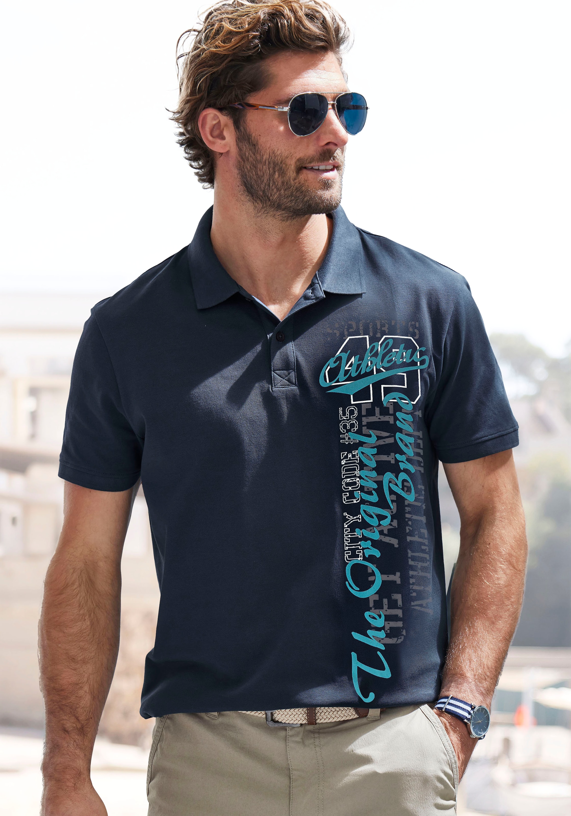 John Devin Poloshirt, mit grossem Druck vorn aus Baumwoll-Piqué