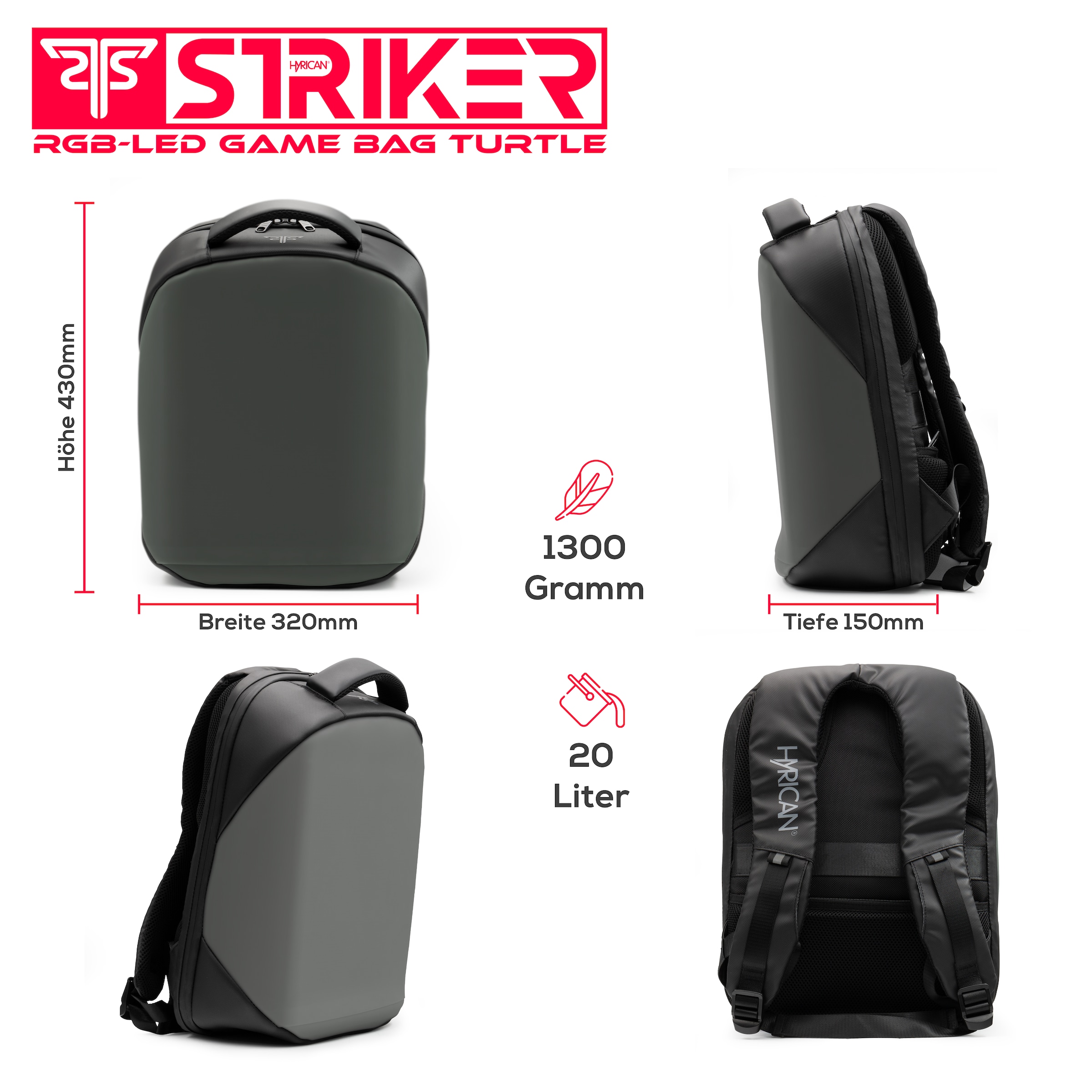 Hyrican Gaming-Laptoprucksack »Striker Game Bag TURTLE NOZ01495« mit App gesteuerte RBG-LED Display, wasserabweisend, gepolstert, für Notebooks bis 15,6 Zoll und Tablets bis 12 Zoll, Geheimfach