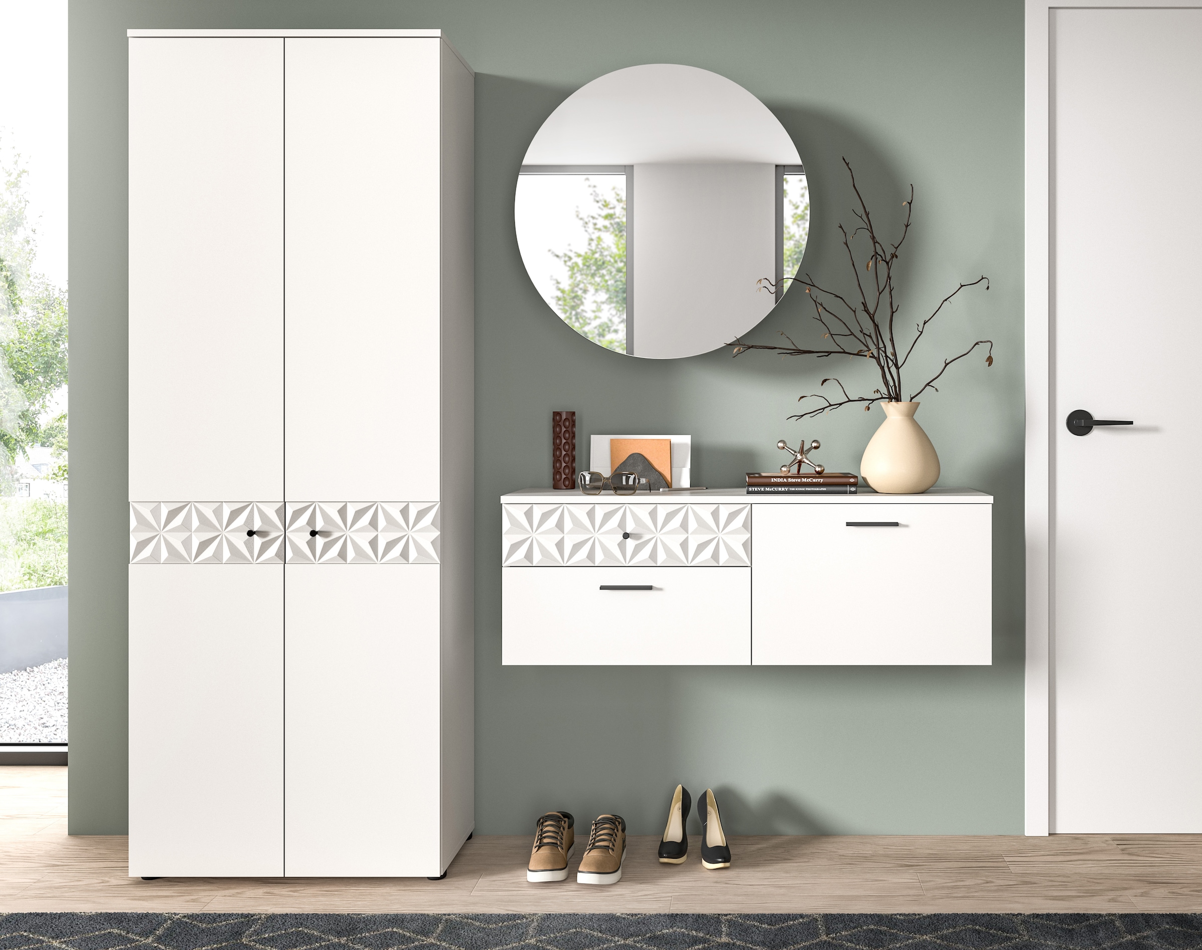 INOSIGN Garderoben-Set »VICENZA, 3-tlg., mit foraler Ornamentabsetzung in der Front«, (3 St.), best. aus.: Garderobenschrank, Schuhschrank und Spiegelschrank