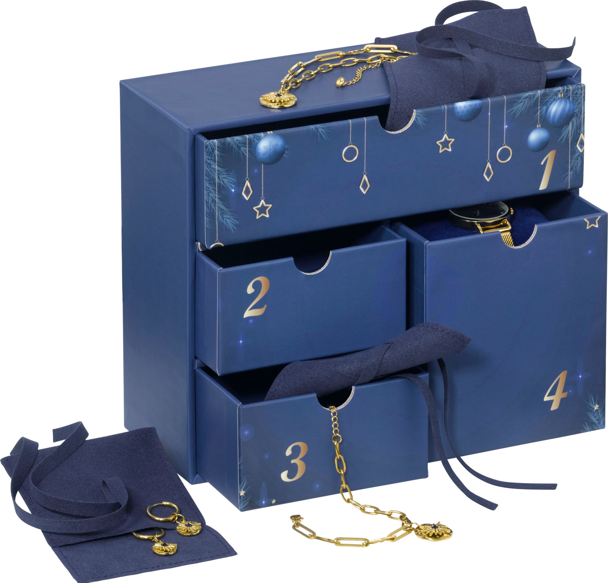 Aniston JEWELRY & WATCHES Adventskalender »Kalender 2024 Geschenkset Weihnachten Uhr Halskette Armband Creolen«, für Erwachsene, Kristallsteine (synth)