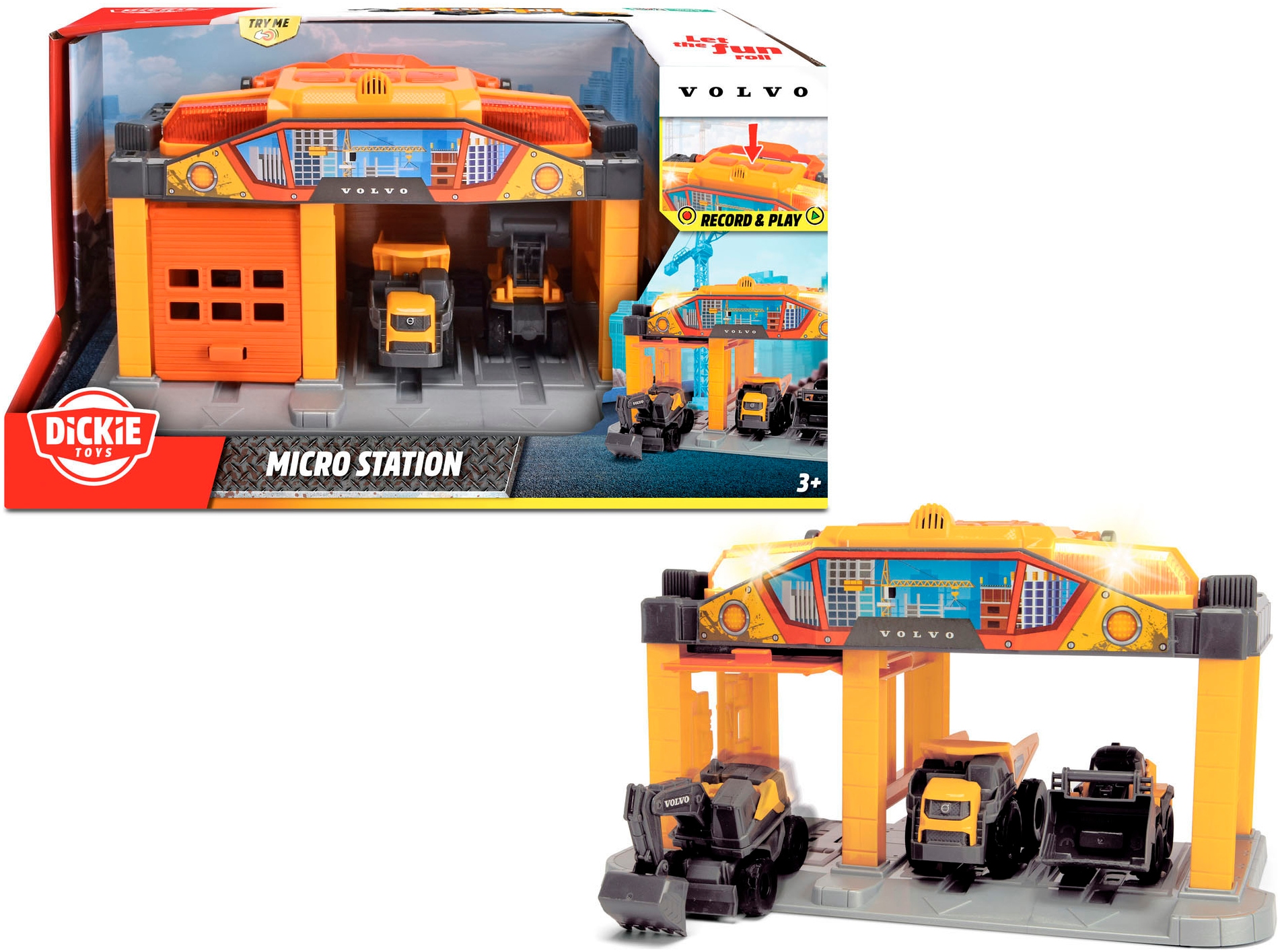 Dickie Toys Spiel-Gebäude "Micro Construction Station" inklusive 3 Volvo Baustellenfahrzeuge; mit Licht und Sound