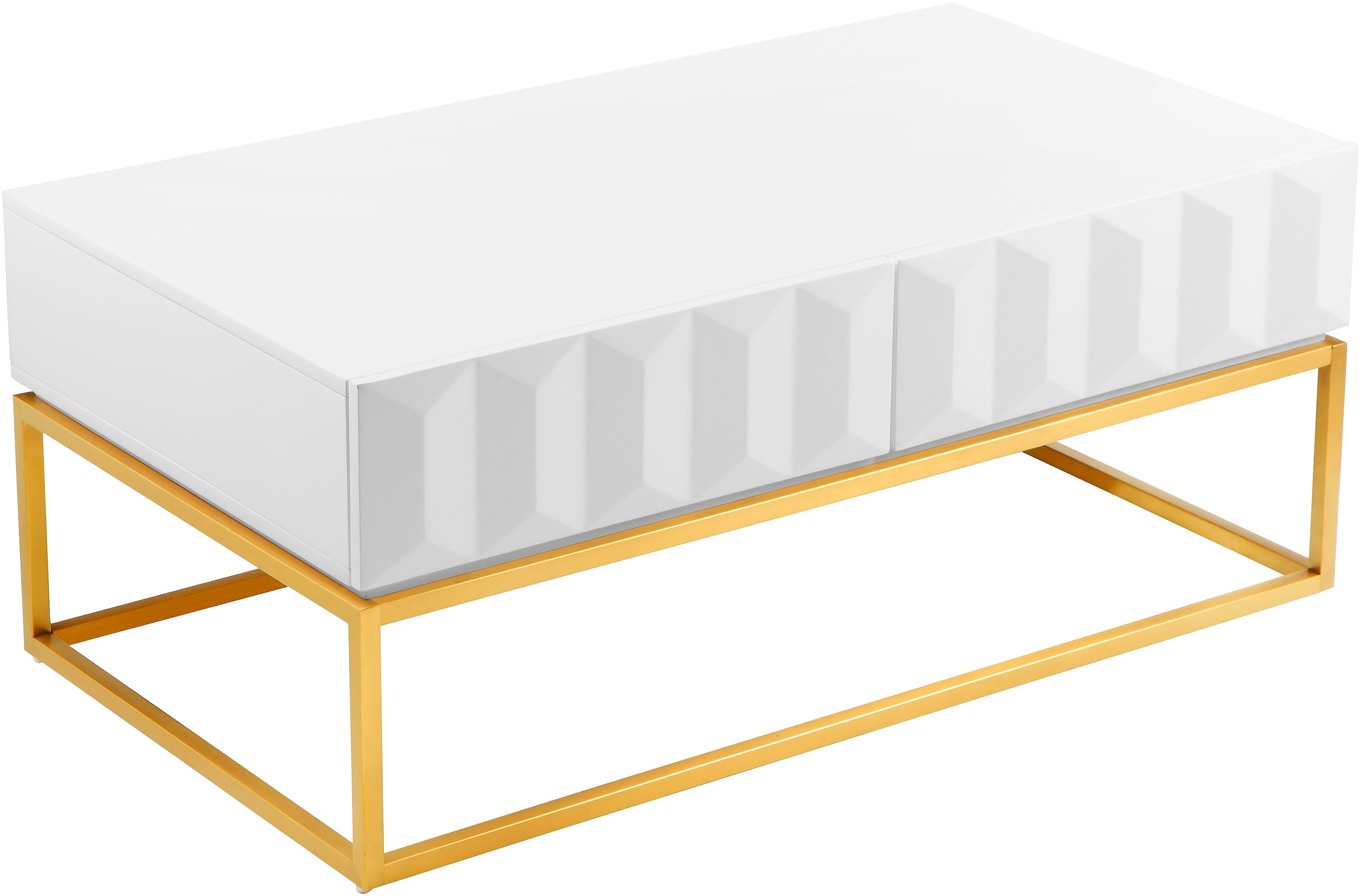 Leonique Couchtisch »Alais«, in 3D-Optik, mit zwei Schubladen und goldfarbenem Metallgestell