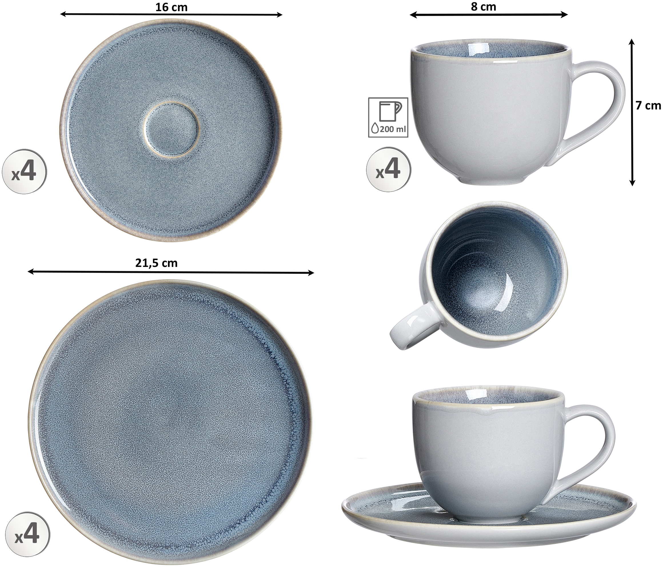 Ritzenhoff & Breker Kaffeeservice »Geschirr-Set, Service Skagen Stone«, (Set, 12 tlg., 4 Kaffeetassen (Ø 8 cm), 4 Untertassen (Ø 16 cm), 4 Teller (Ø 21,5 cm), Reaktivglasur, 12 Teile, für 4 Personen