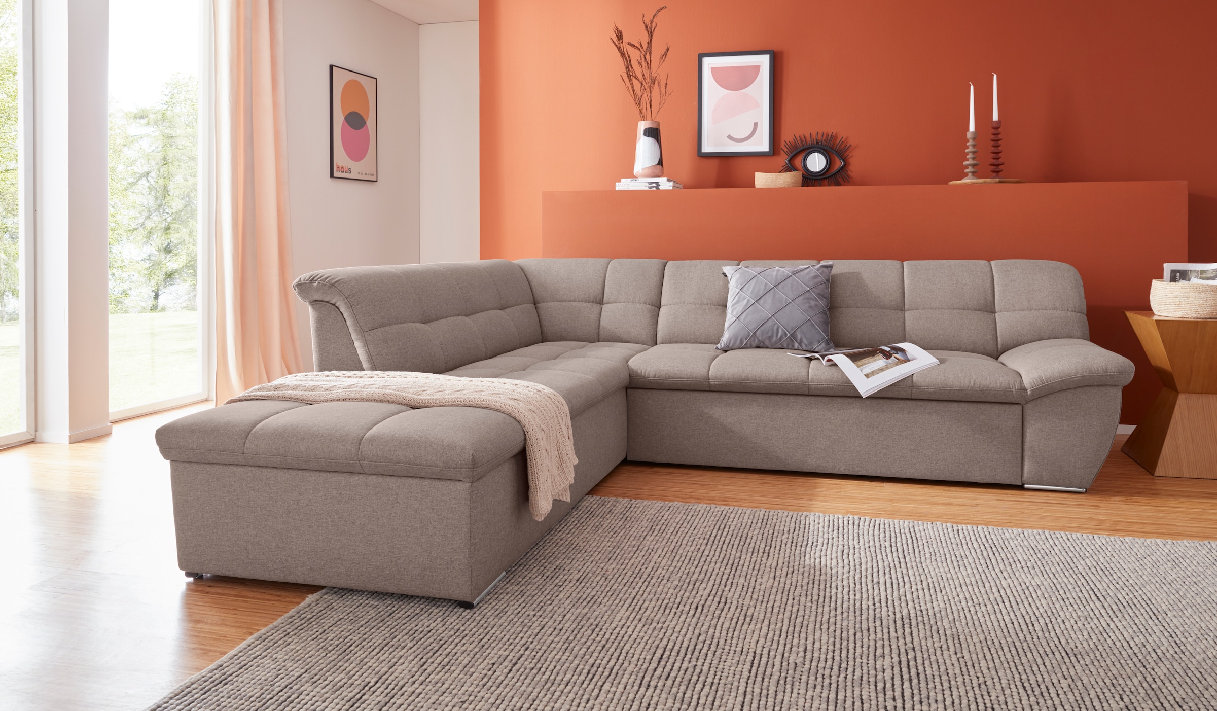 DOMO collection Ecksofa "Lagoa, moderne Sitzheftung, bequem und komfortabel, L-Form" wahlweise mit Bettfunktion, frei im Raum stellbar, grosse Farbvielfalt