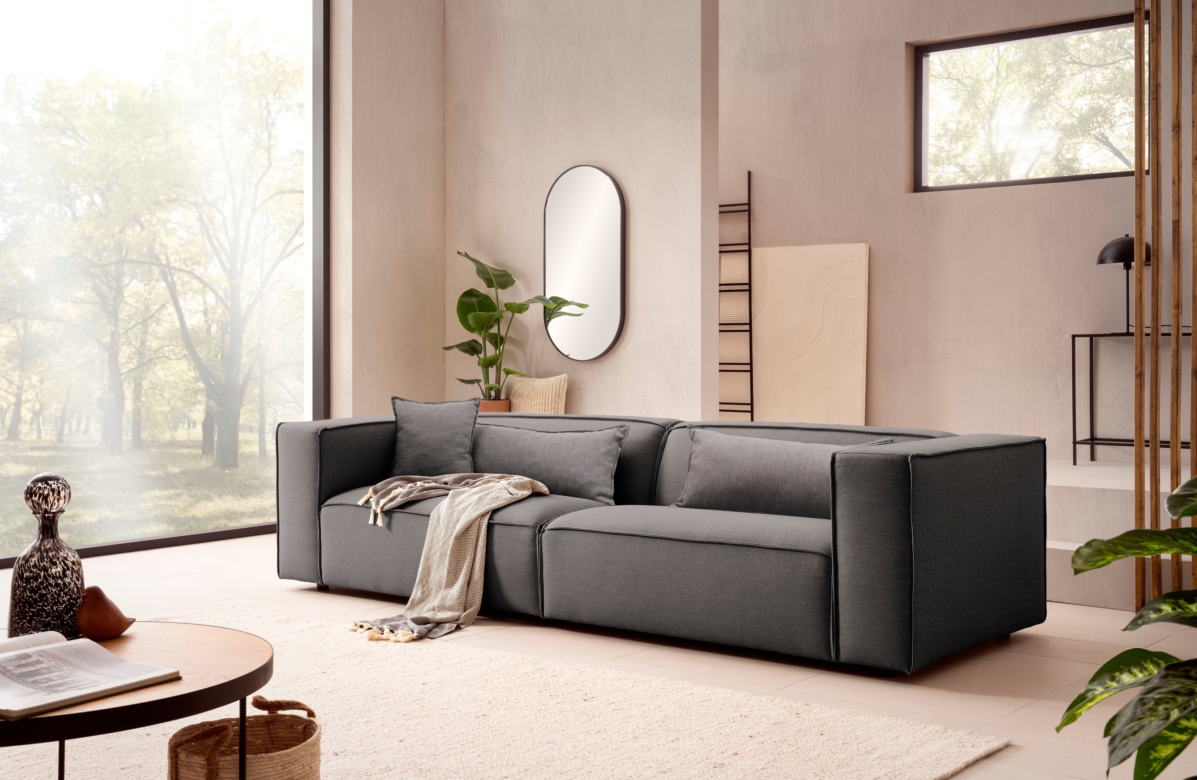 LeGer Home by Lena Gercke 3-Sitzer »PIARA, Couch mit Kedernaht, Sofa in Cord oder Leinenoptik«, schwarze Füsse, bequemer Sitzkomfort