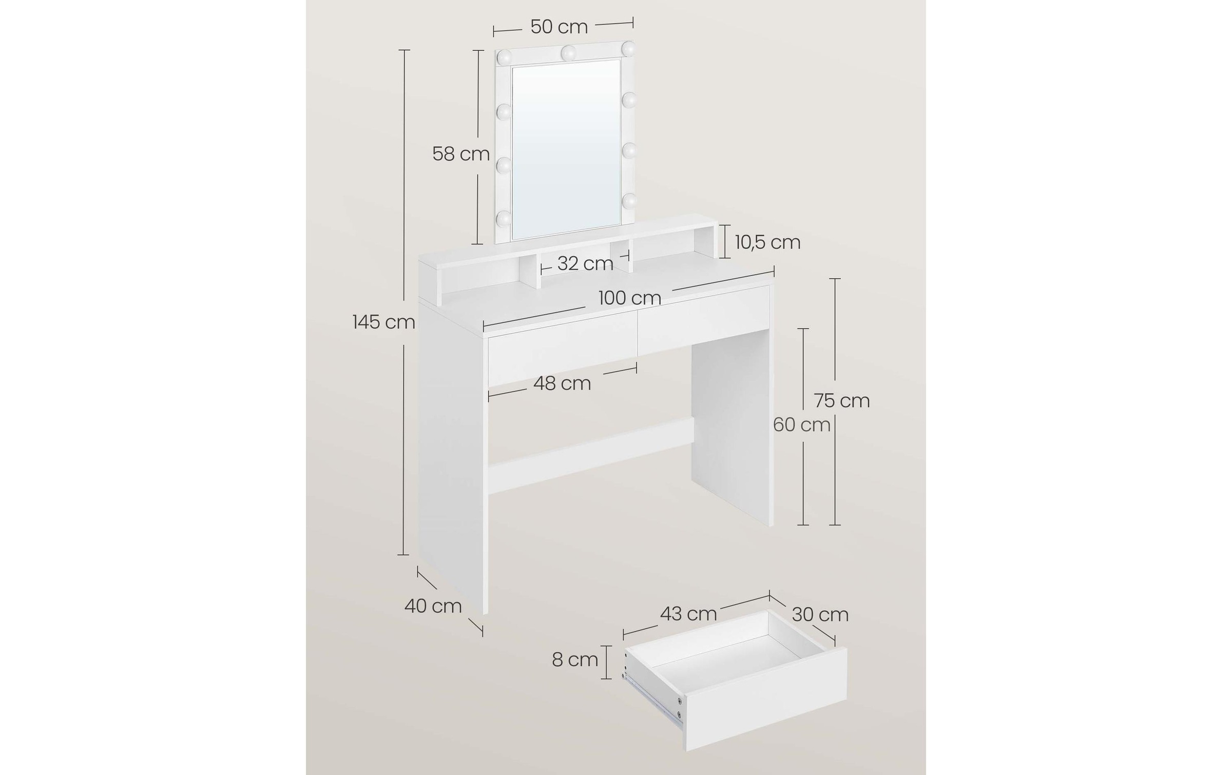 VASAGLE Schminktisch "100 x 40 x 145 cm"