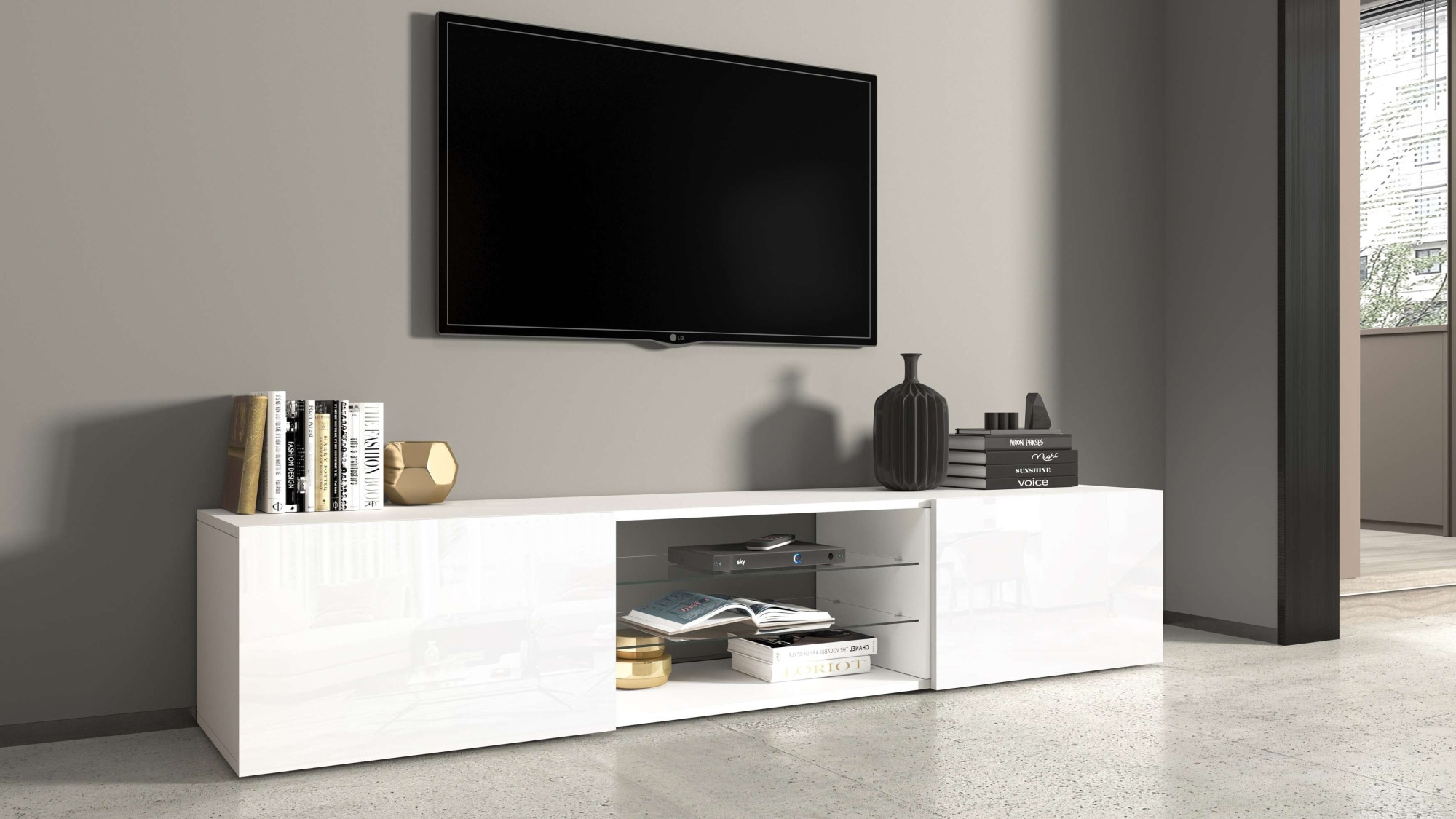 INOSIGN Lowboard »Egypt,Lowboard,TV-Kommode,TV-Möbel,TV-Bank«, mit 2 Klappen, 2 Glasböden,kompl. Hochgl. lackiert (B/T/H)180x38x35 cm