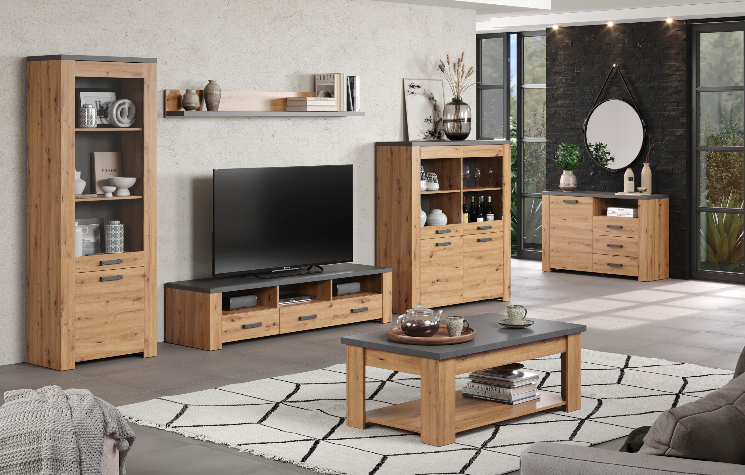 Home affaire Highboard »Ambres«, (1 St.), Vitrine, Echtholzoptik, ca. Masse BxH: 127x139 cm