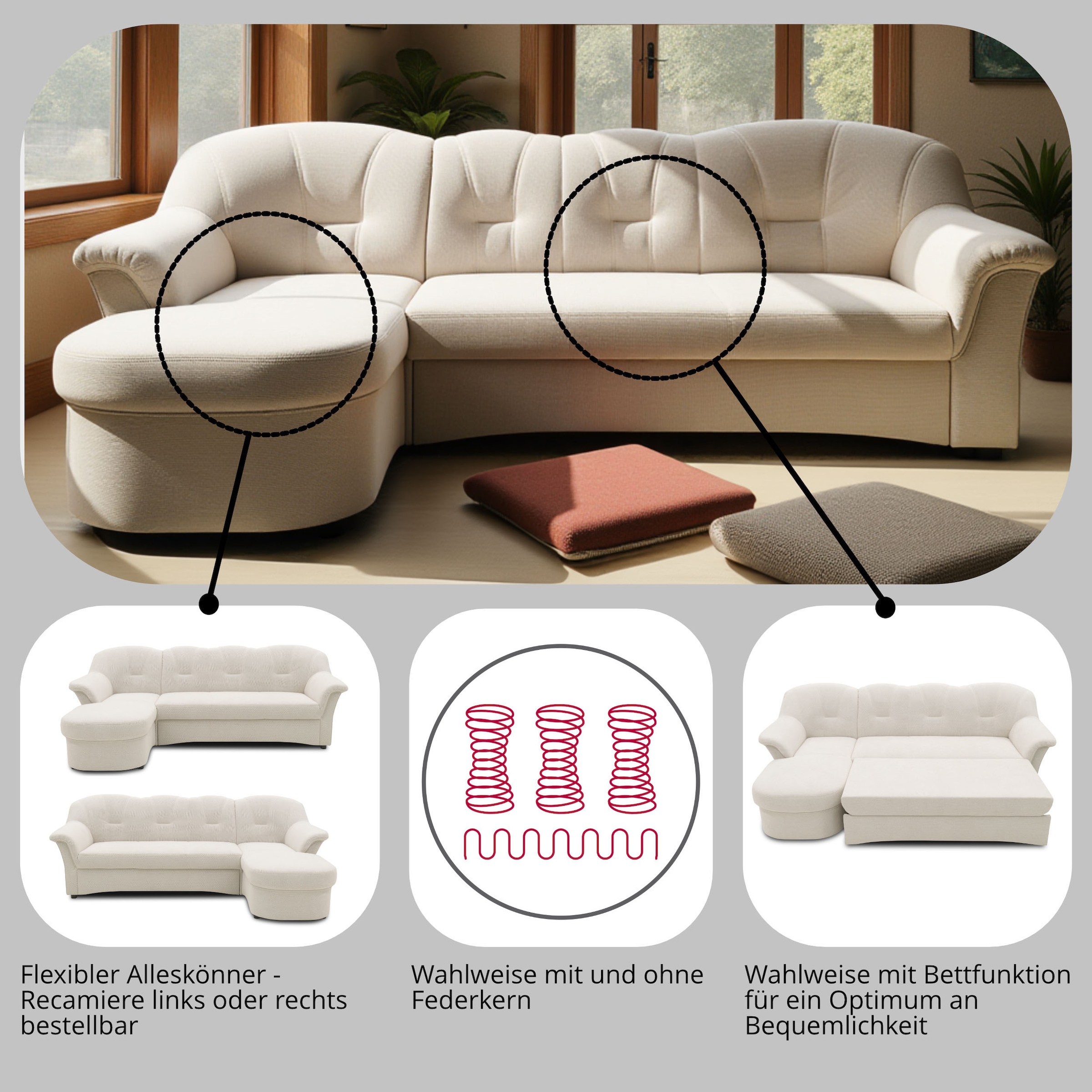 DOMO collection Ecksofa »Flores Schlafsofa, B/T/H: 233/142/86 cm, L-Form«, wahlweise mit Bettfunktion, wahlweise mit Federkern, auch in Leder