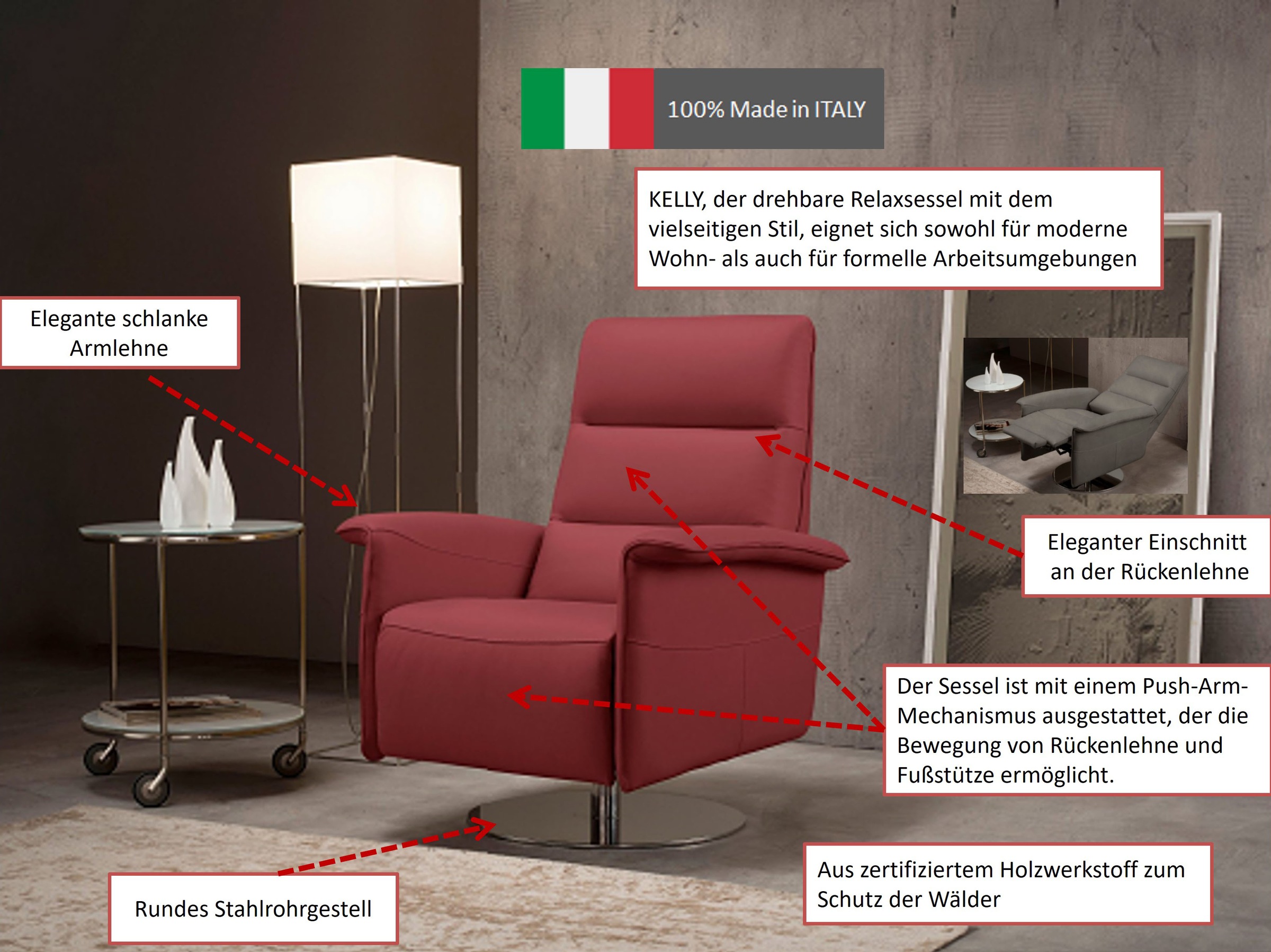 Egoitaliano Sessel "Kelly Designsessel, Clubsessel & Relaxsessel, bequem, zeitlos elegant" drehbar, manuelle Relaxfunktion mit Push-Back-Mechanismus