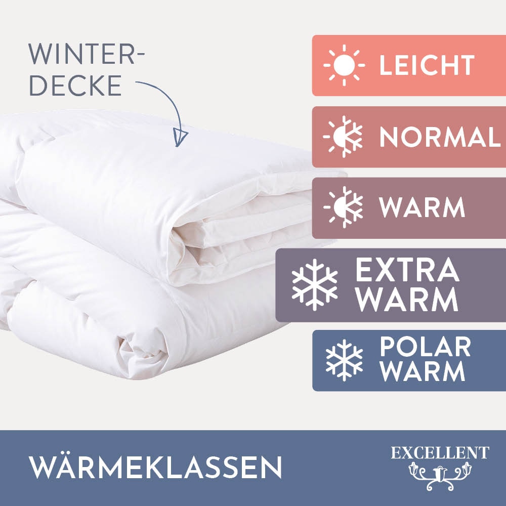 Excellent Daunenbettdecke »Zürich, Bettdecken für Sommer und Winter, Decke«, extrawarm, Füllung 100% Daunen, Bezug 100% Baumwolle, (1 St.), Bettdecke 135x200 cm, 155x220cm und weitere Grössen, Made in Germany
