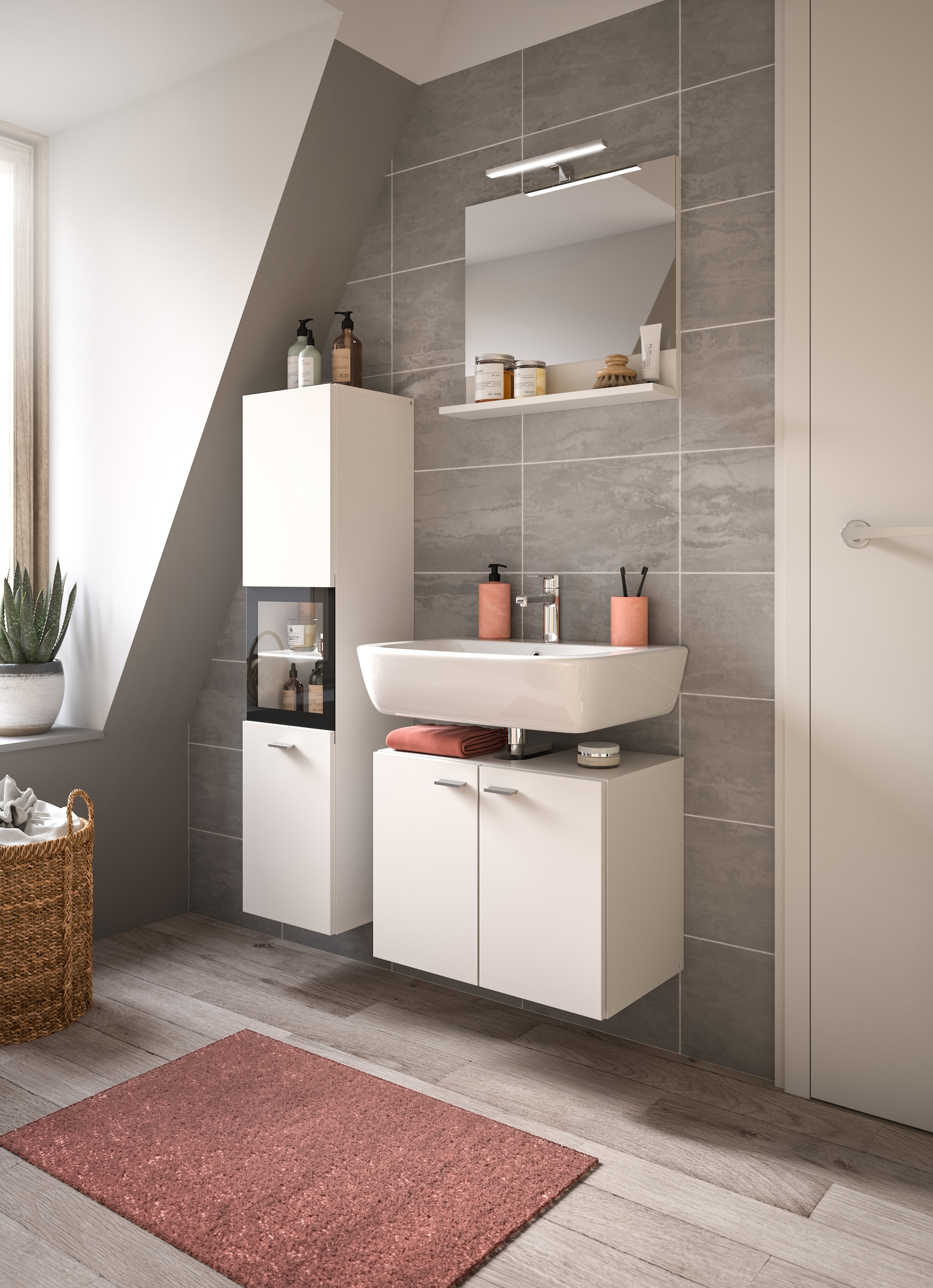 welltime Badmöbel-Set »Tampa, Breite 102cm, 3-teilig«, (3 St.), Waschbeckenunterschrank, Spiegel, Hochschrank
