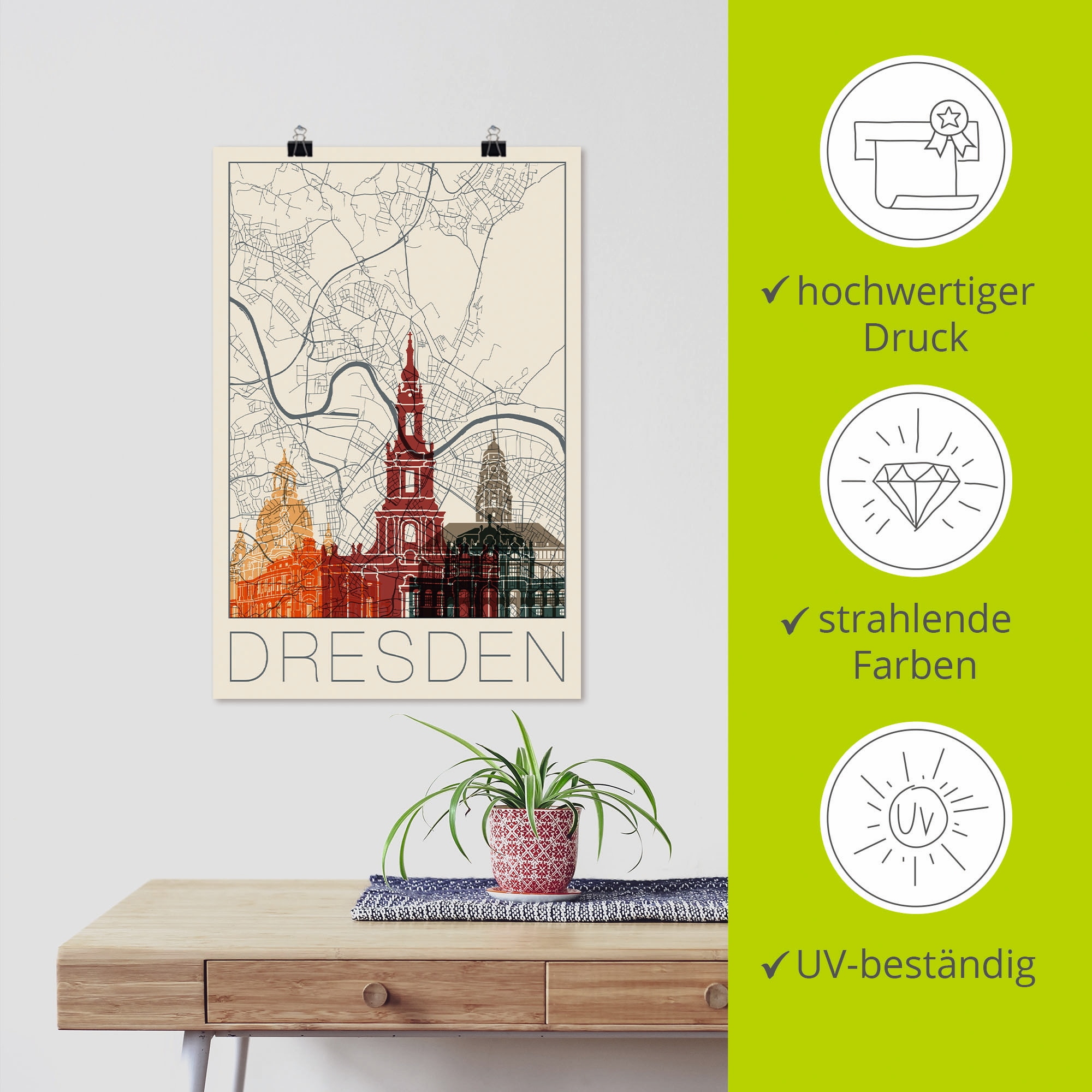Artland Wandbild »Retro Karte Dresden«, Deutschland, (1 St.), als Alubild, Leinwandbild, Wandaufkleber oder Poster in versch. Grössen