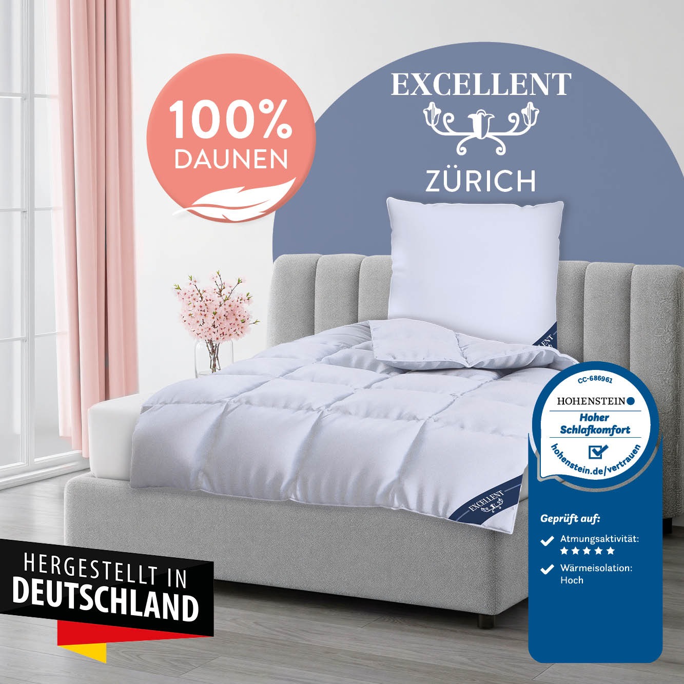 Excellent Daunenbettdecke "Zürich, Bettdecke normal mit Bestnote "Hoher Schlafkomfort" bewertet." normal Füllung 100% Daunen 1 Stk. tlg. Bettdecke 135x200 cm, 155x220cm und weitere Größen, Made in Germany