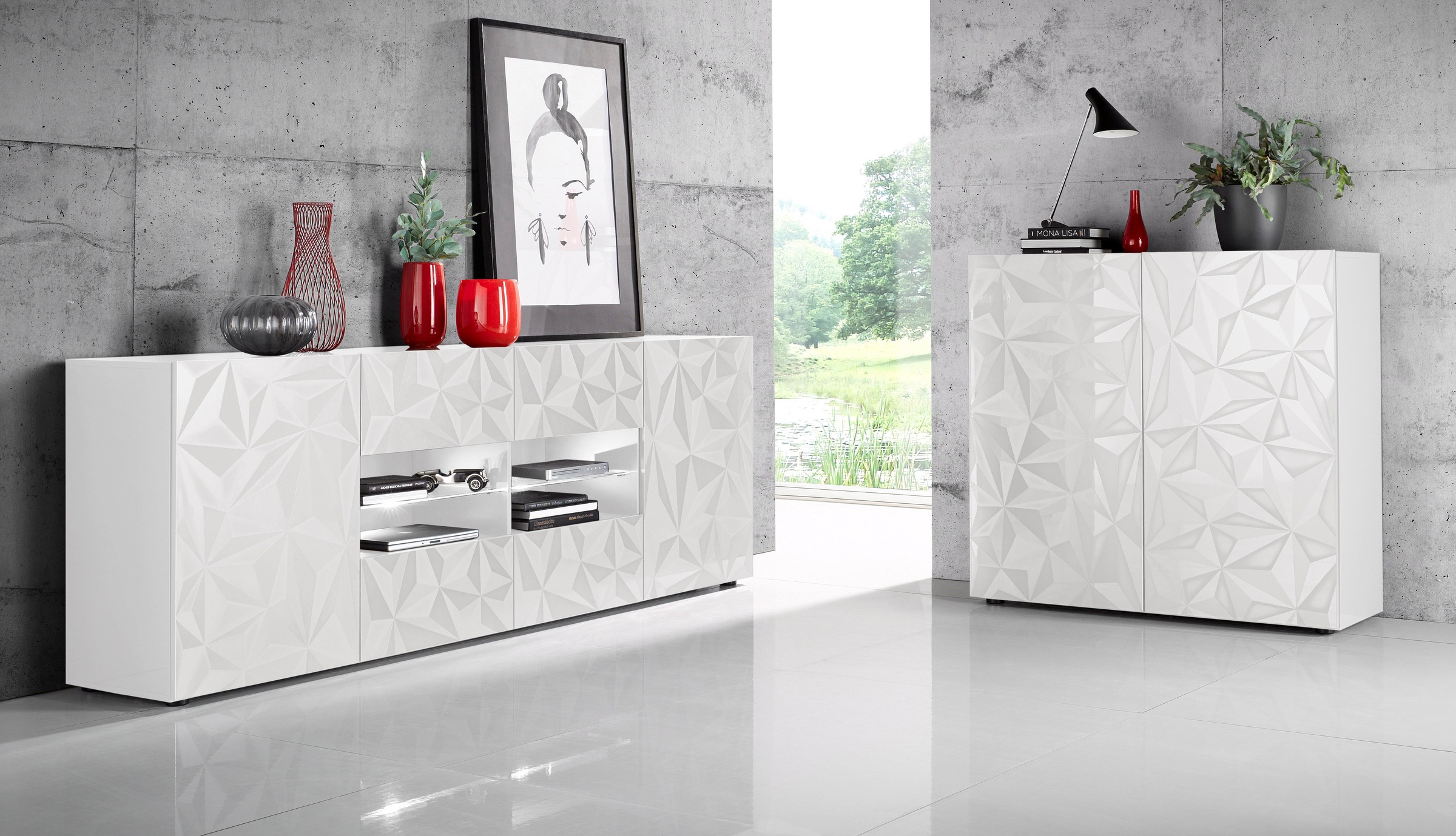 INOSIGN Sideboard »Prisma Breite 241, Kommode 2 Türen, 4 Schubkästen, Anrichte«, Front mit elegantem Siebdruck, grifflos, viel Stauraum
