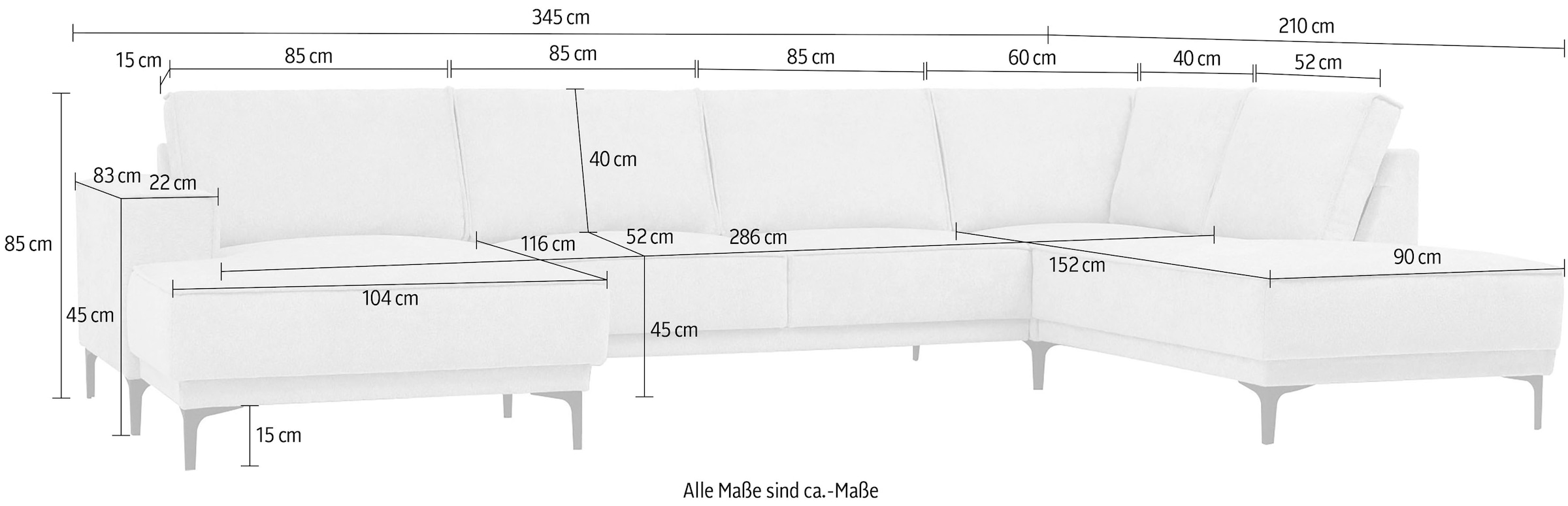 Places of Style Wohnlandschaft »XXL Sofa Oland, Struktur, Flachgewebe, Luxus-Microfaser, Boucle«, U-Form, 345 cm, Wellenunterfederung, Skandi-Design, Metallfüsse