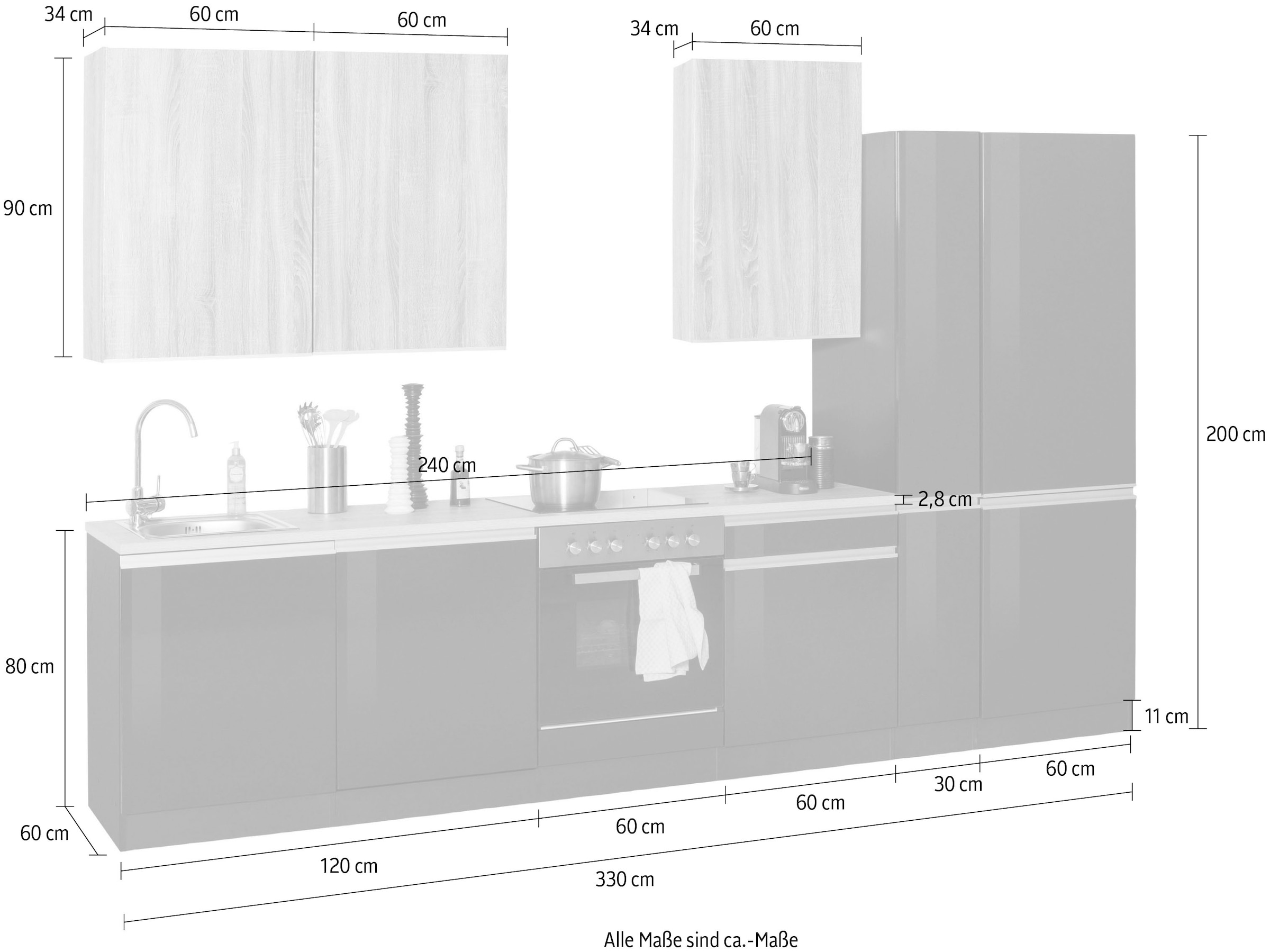 KOCHSTATION Küchenzeile »KS-Ohio«, ohne E-Geräte, Breite 330 cm