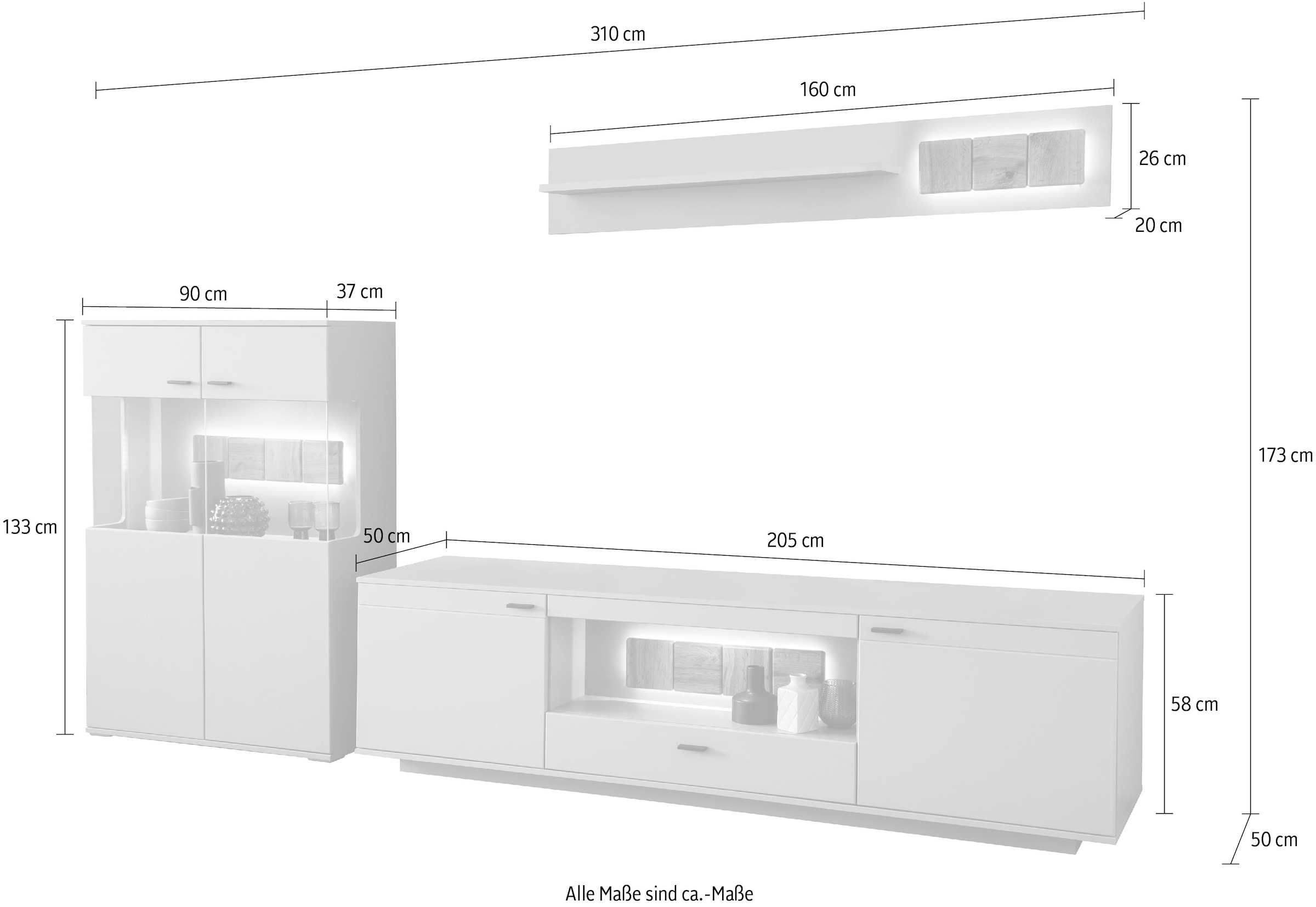 MCA furniture online Arktis Beleuchtung wahlweise (3 St.), bestellen Wohnwandkombination »Zadar«, Wohnwand moderne Grau, in mit