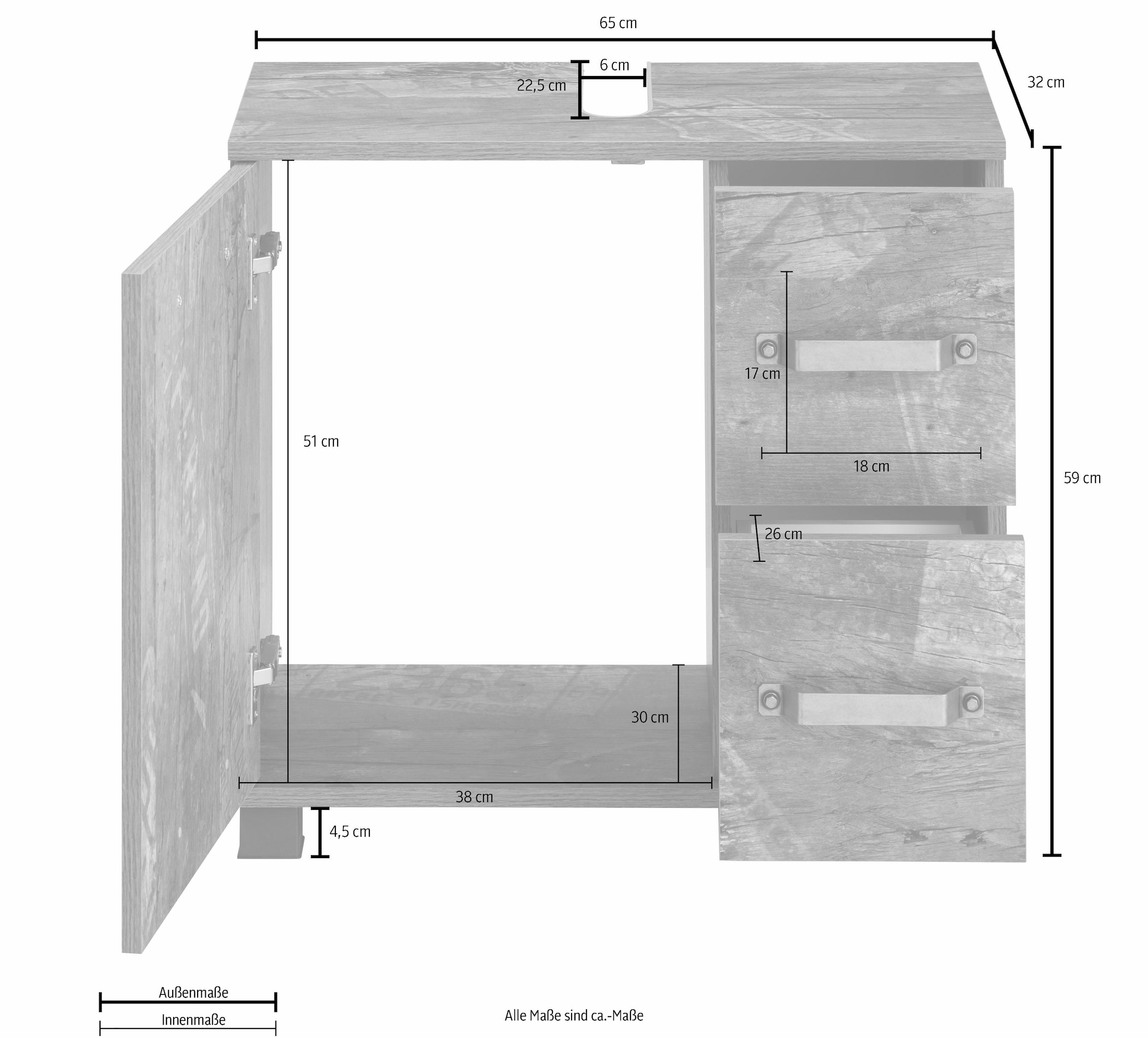 Schildmeyer Waschbeckenunterschrank »Milan«, Breite 65 cm, mit 1 Tür & 2 Schubladen, Tür mit Anschlagdämpfern
