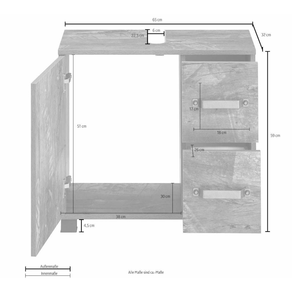 Schildmeyer Waschbeckenunterschrank »Milan«, Breite 65 cm, mit 1 Tür & 2 Schubladen, Tür mit Anschlagdämpfern