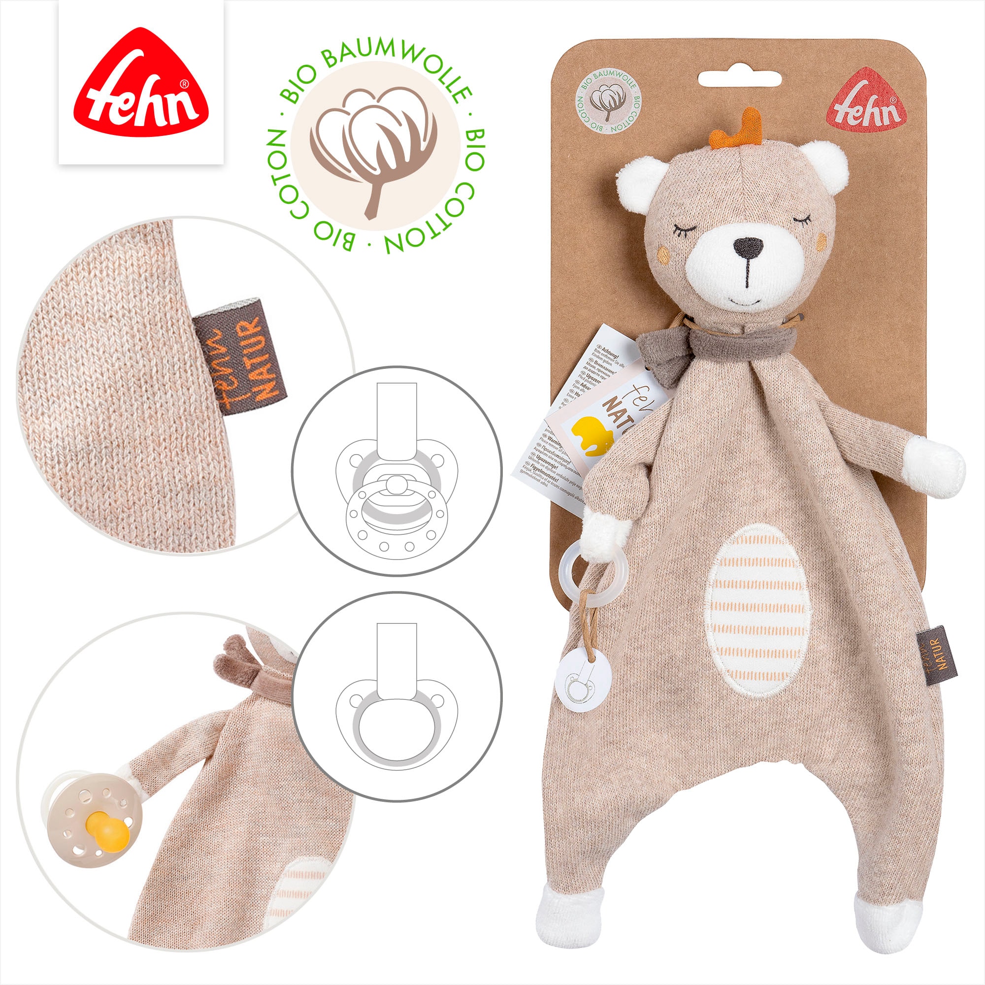 Fehn Kuscheltuch »fehnNATUR, Schmusetuch Teddy«, mit Schnuller-Befestigung