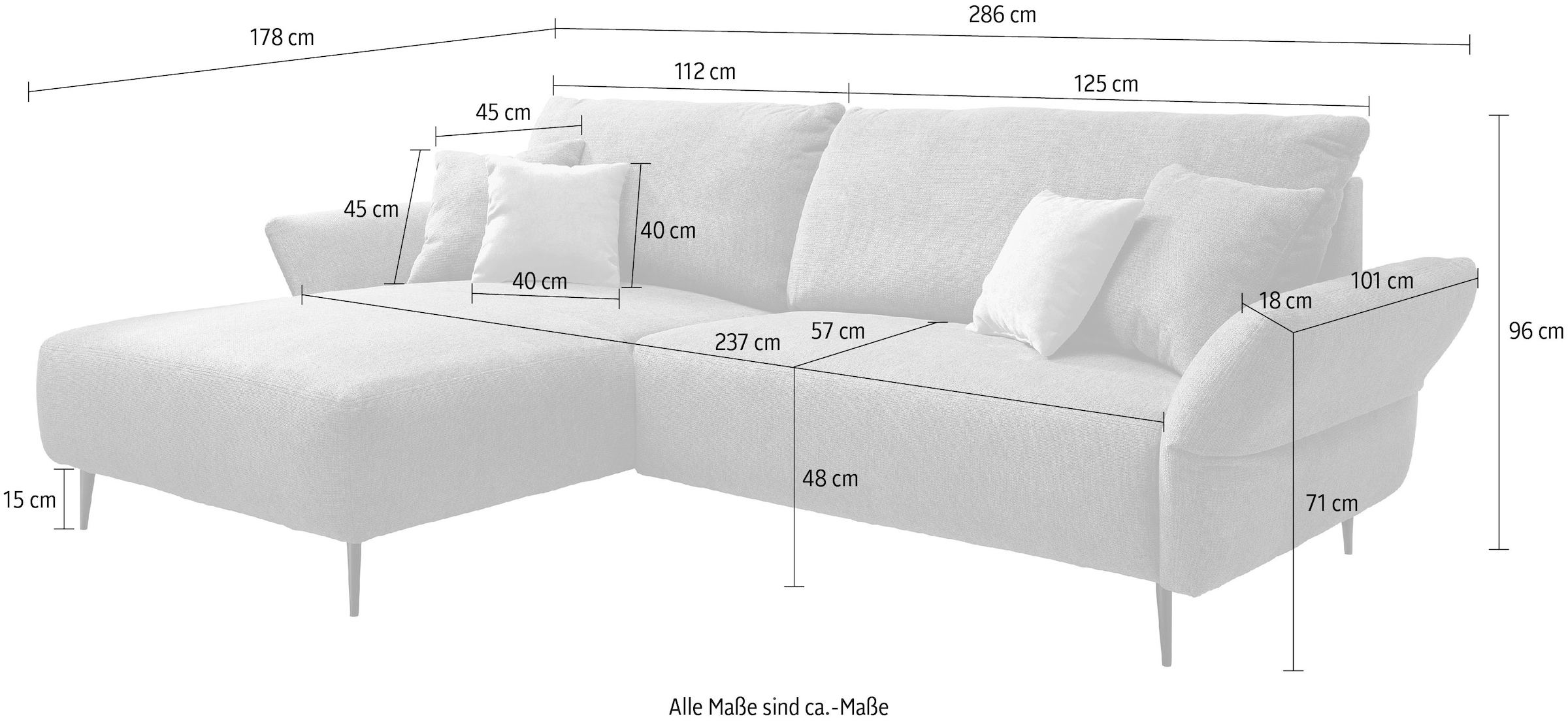 INOSIGN Ecksofa »Amarena L-Form«, inklusive Armlehnenverstellfunktion, 4x Zierkissen gratis