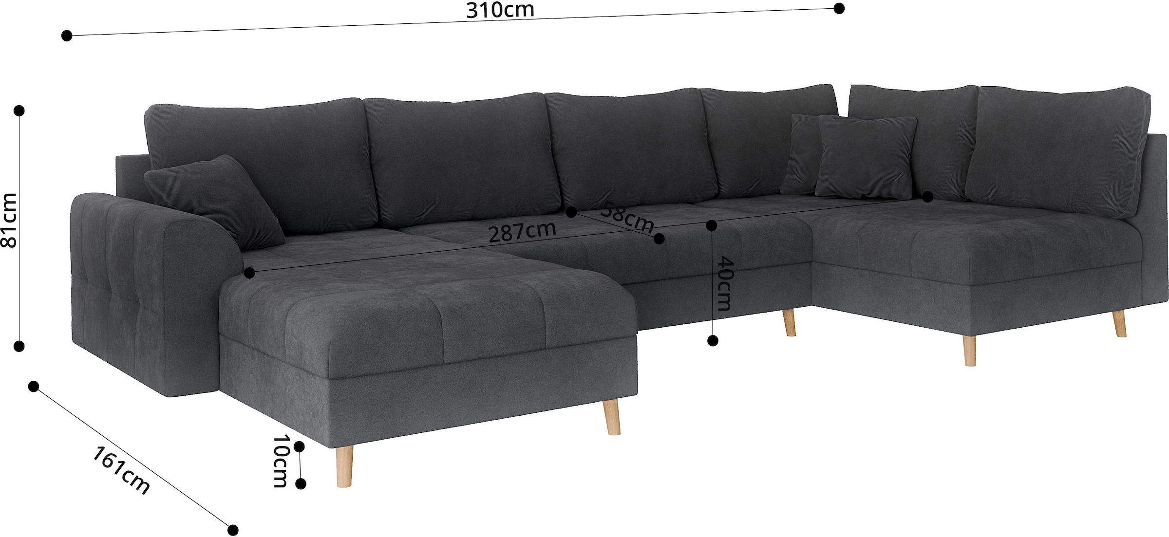 Home affaire Wohnlandschaft »CHARRE U-Form mit Ottomane, Masse B/T/H: 310/161/81 cm«, feine Steppung, lose Rücken- und Zierkissen, auch in Cord und Bouclé