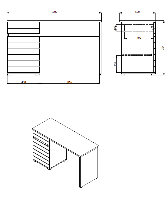 INOSIGN Schreibtisch »Elan«, Breite 130 cm, Front in Rillenoptik, grifflos, ABS-Schutzkanten